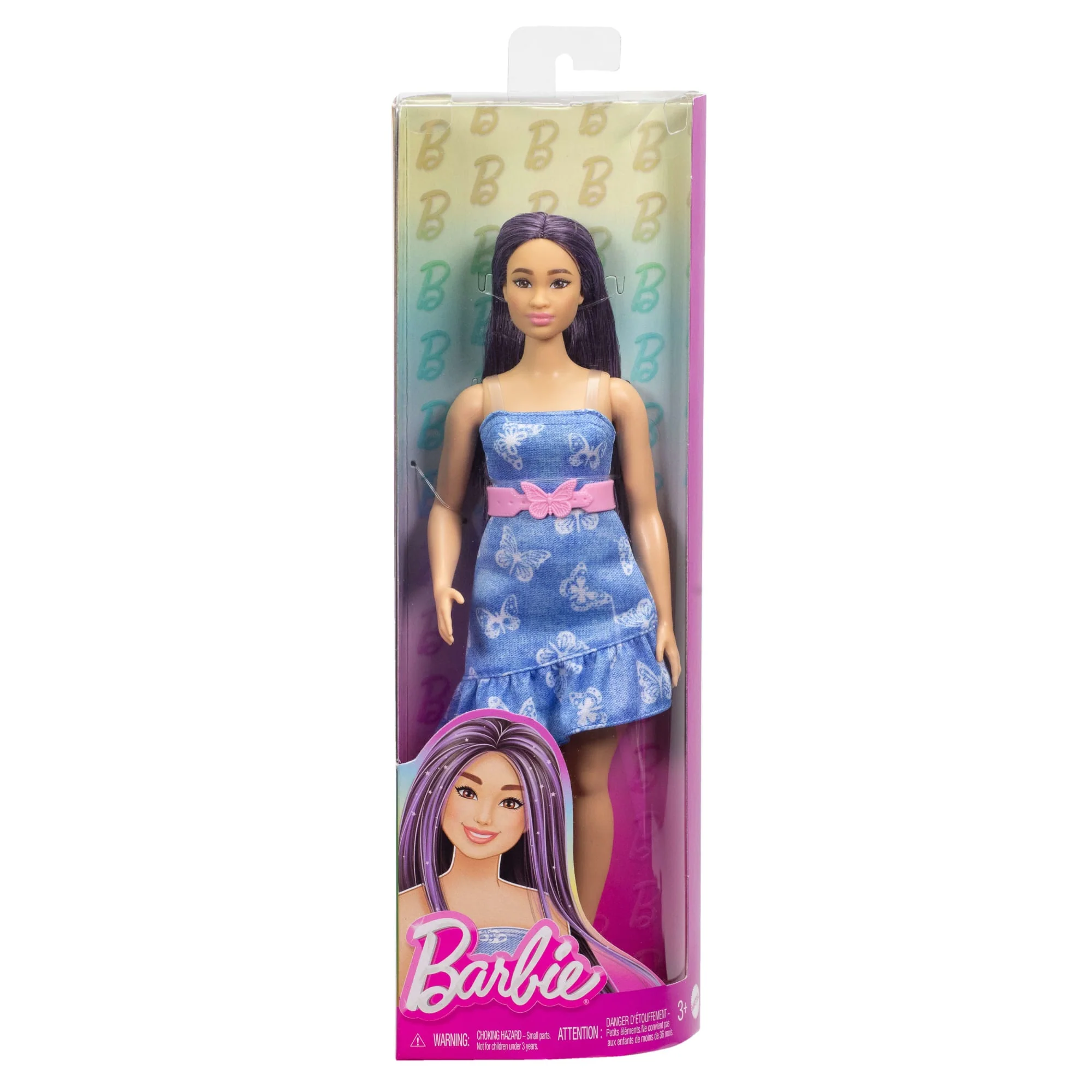 Barbie Fashionistas Doll #231 in Denim Butterfly Dress With Pink Belt, Purple Hair - Image 6