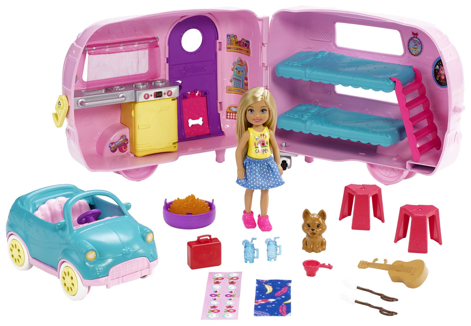 Barbie Przyczepa kempingowa Chelsea + lalka, szczeniaczek, samochód i akcesoria