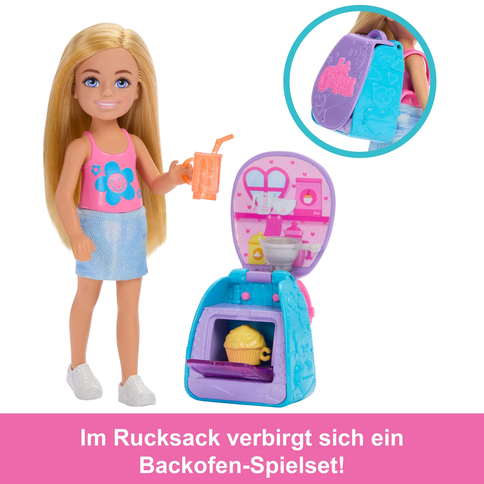 Barbie Family & Friends Cupcake Backende Chelsea Mit Rucksack, Chelsea-Puppe Und Accessoires, Rucksack Mit Cupcake-Spielzeug - Image 3