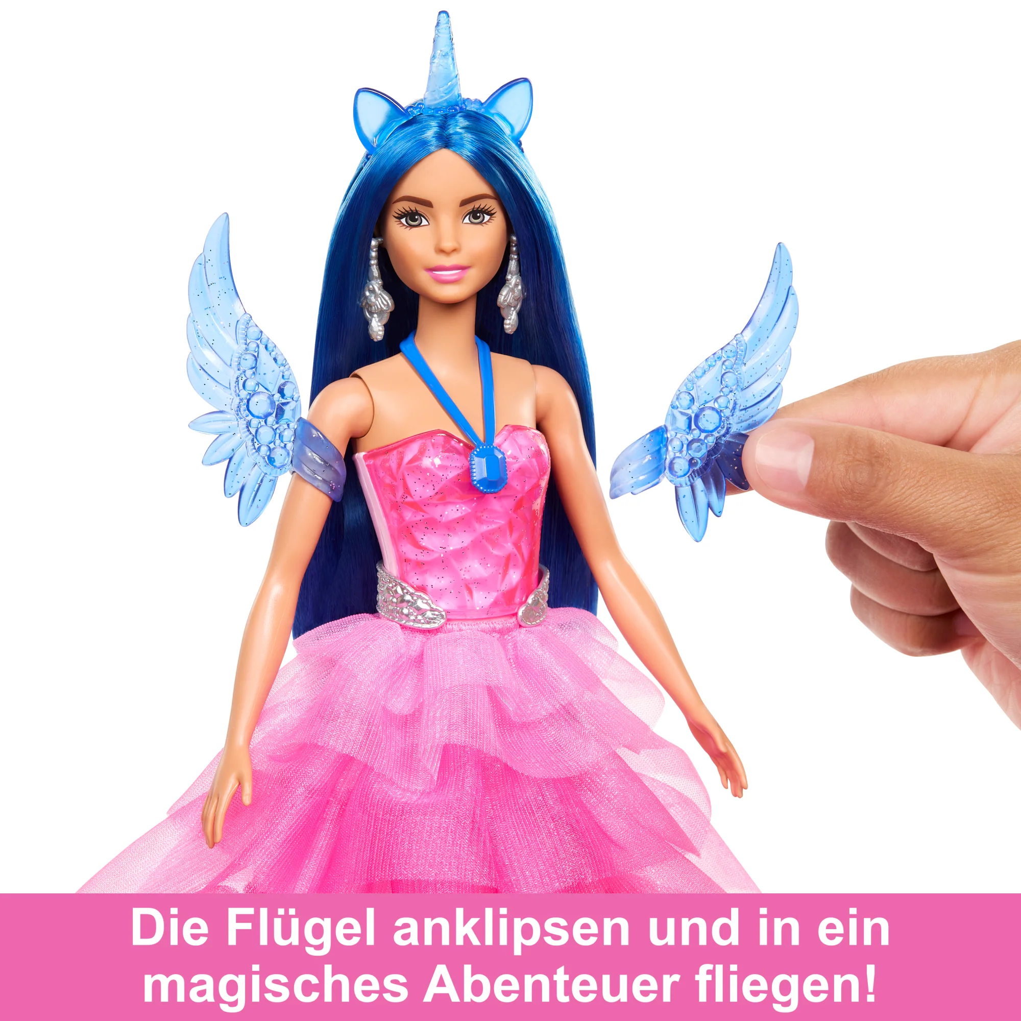 Barbie Einhorn-Spielzeug, Puppe Zum 65. Jubiläum Mit Blauen Haaren, Pinkfarbenem Kleid Und Haustier-Einhorn - Image 3