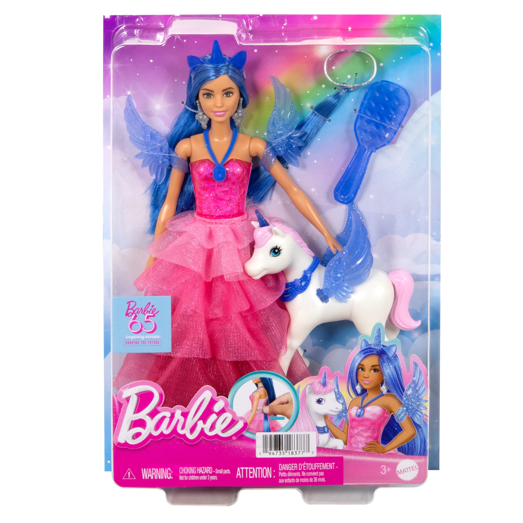 Barbie Einhorn-Spielzeug, Puppe Zum 65. Jubiläum Mit Blauen Haaren, Pinkfarbenem Kleid Und Haustier-Einhorn - Image 6