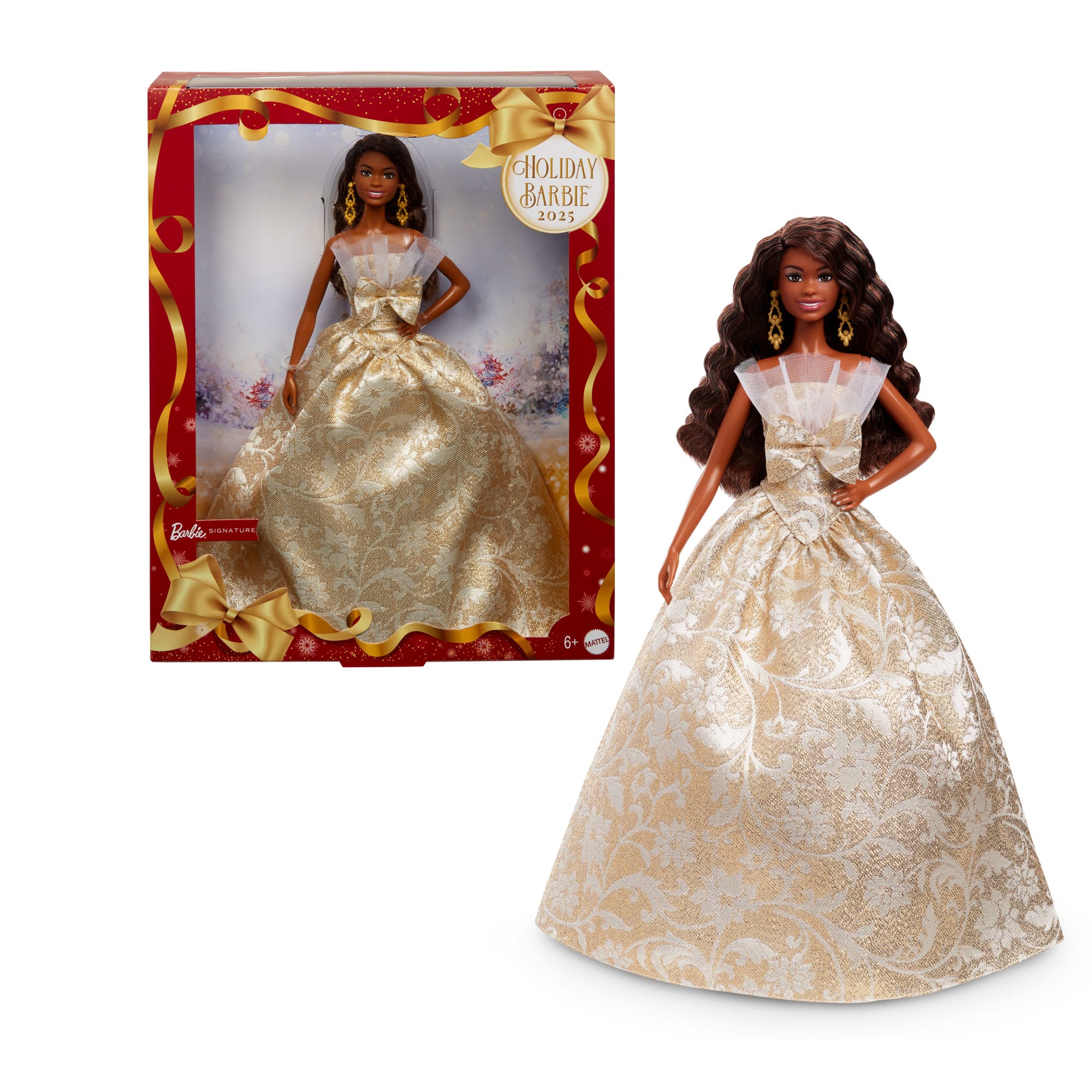Barbie Signature 2025 Holiday Barbie Modepuppe, Saisonales Sammlergeschenk, Schwarzhaarig Mit Silber- Und Goldfarbenem Kleid