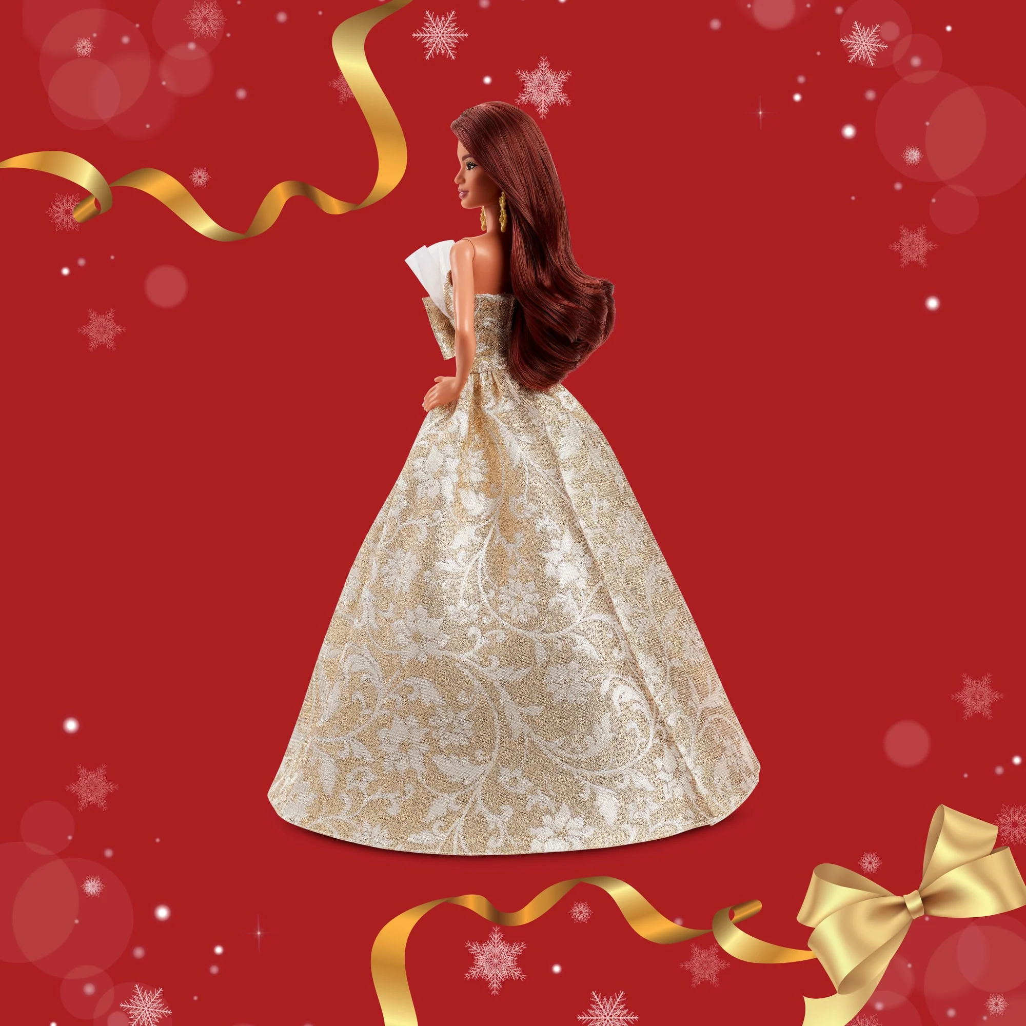 Muñeca De Moda Barbie Felices Fiestas 2025 De Barbie Signature, Muñeca De Temporada Para Coleccionistas, Pelo Marrón Oscuro Y Vestido Dorado Y Plateado - Image 5