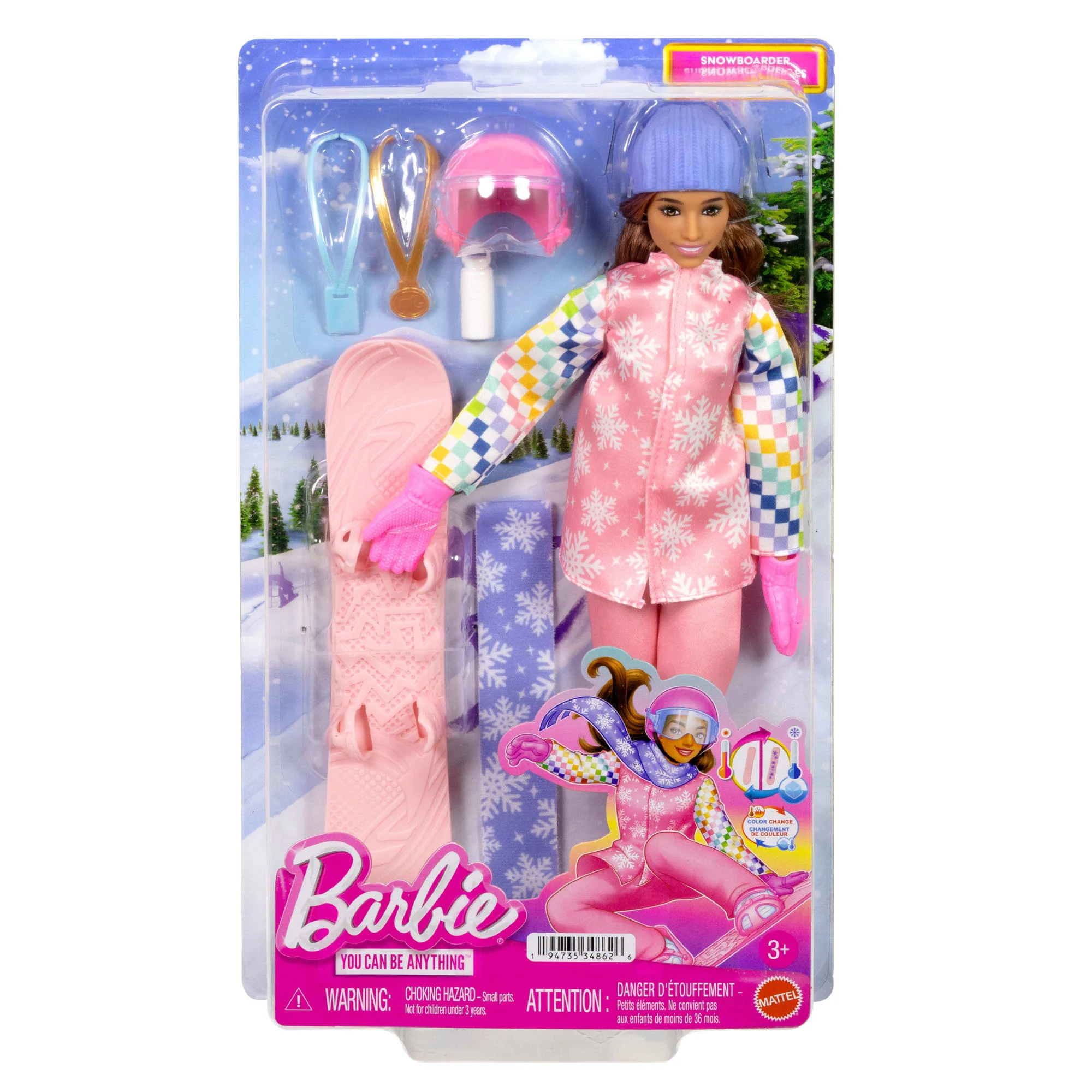 Barbie Beroepen Snowboarder Pop in Een Roze Jas Met Meer Dan 10 Accessoires, Waaronder Een Snowboard Dat Van Kleur Verandert - Image 6