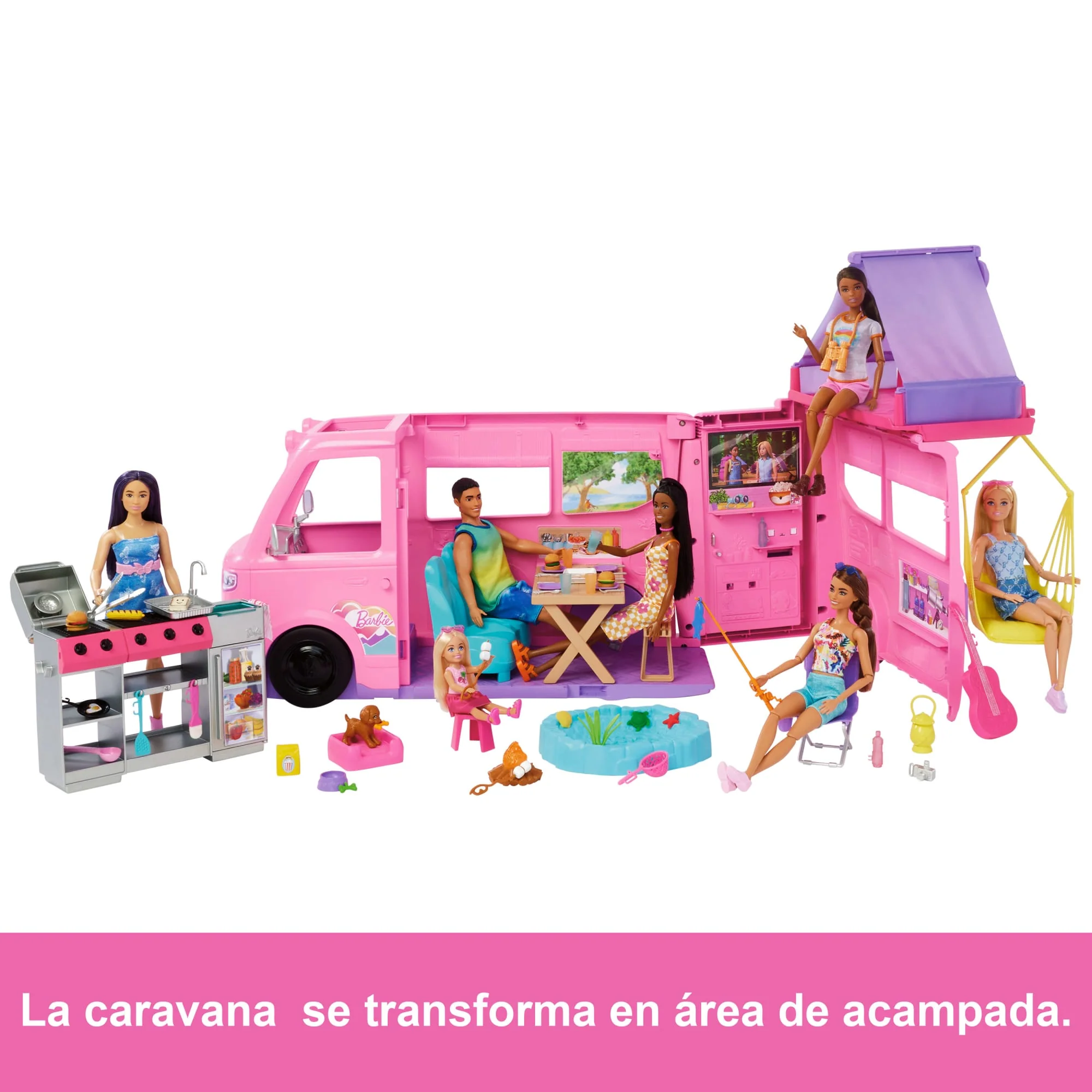Conjunto De Juego Súper Caravana Dreamcamper De Barbie Con Tienda De Campaña En El Techo, Barbacoa Con Función De Cambio De Color Y Más De 60 Accesorios - Image 2