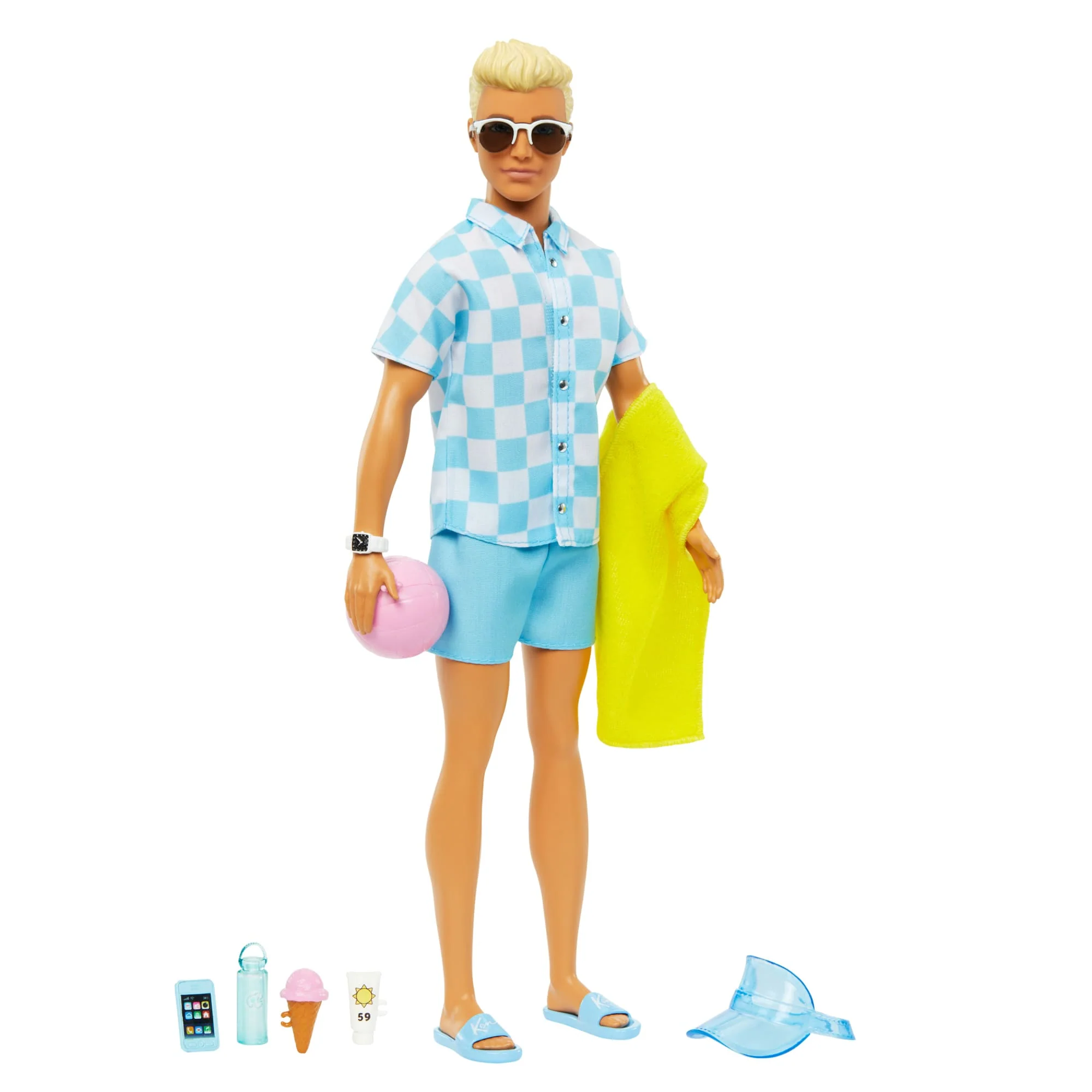 Blonde Ken Doll With Swim Trunks And Beach-Themed Accessories