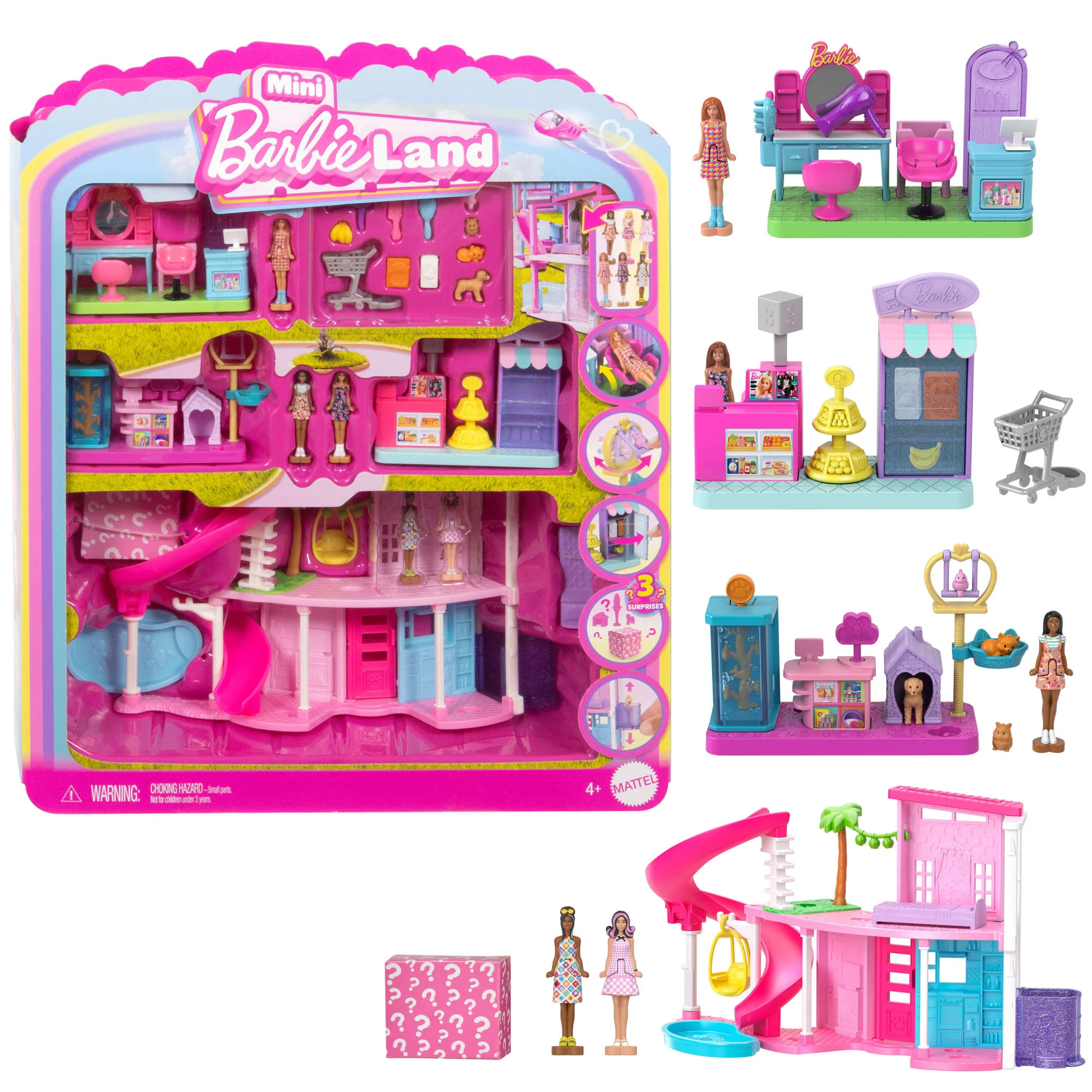 Conjunto De Juego Mini Barbieland De Barbie Con Una Casa Dreamhouse Y 3 Conjuntos De Juego, 4 Muñecas De 3,81Cm, Muebles Y Accesorios