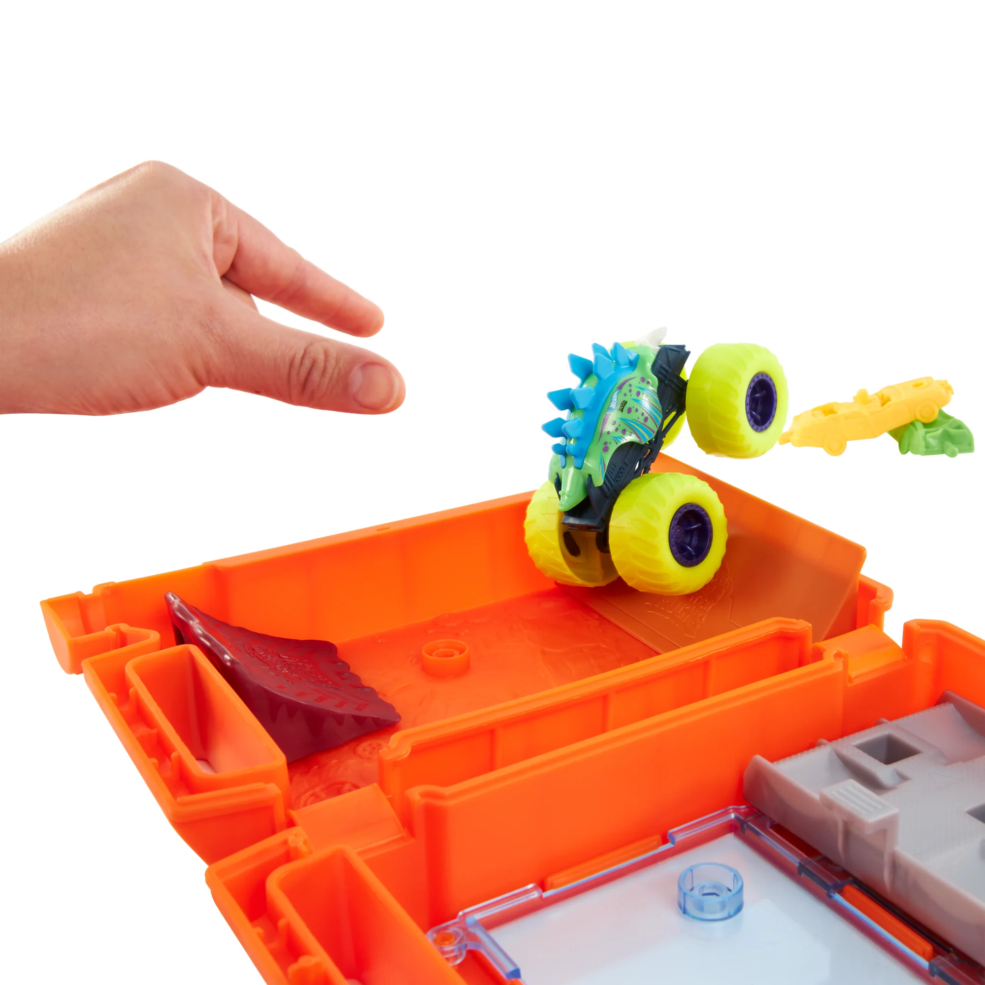 Conjunto De Juego Reposta Y Arranca De Monster Trucks De Hot Wheels Con Camión De Juguete Motosaurus A Escala 1:64 Y 2 Coches Aplastados - Image 4