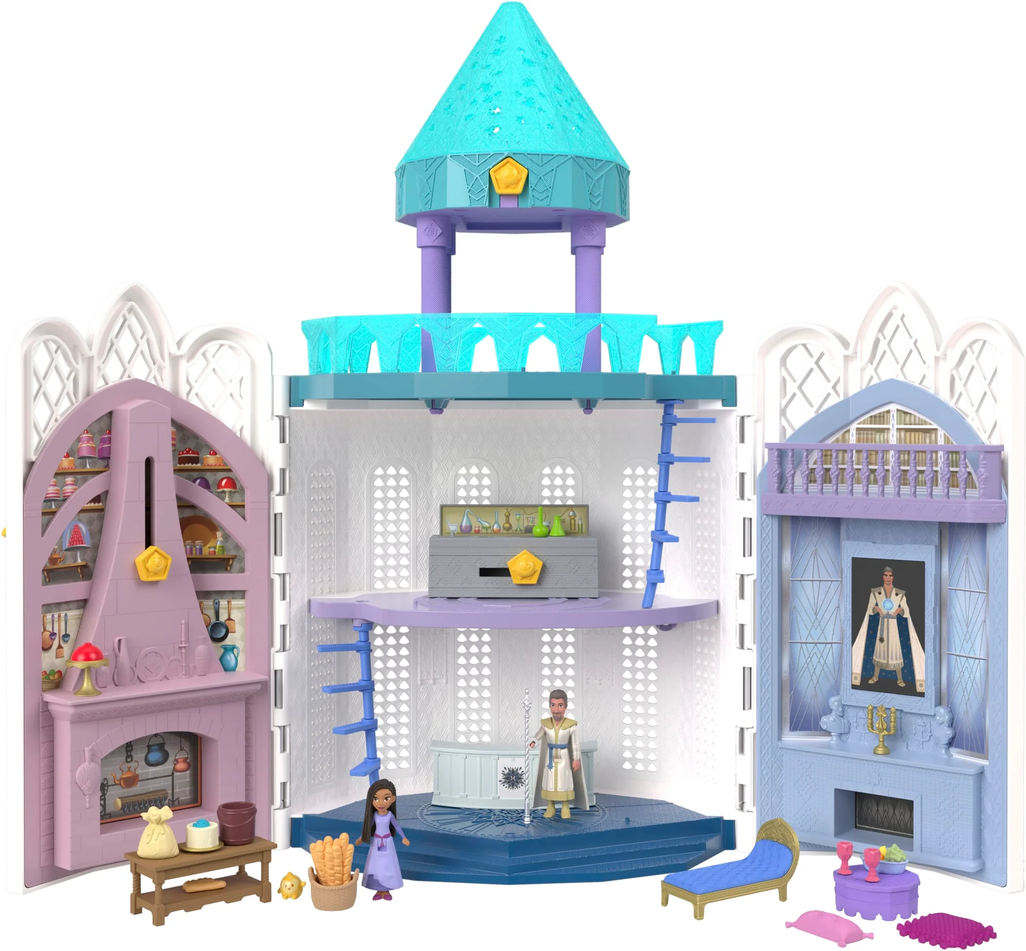 Disney Château De Rosas Coffret Wish Avec 2 Mini-Poupées Articulées, 1 Figurine Star, 20 Accessoires, 1 Dôme Avec Projection Lumineuse