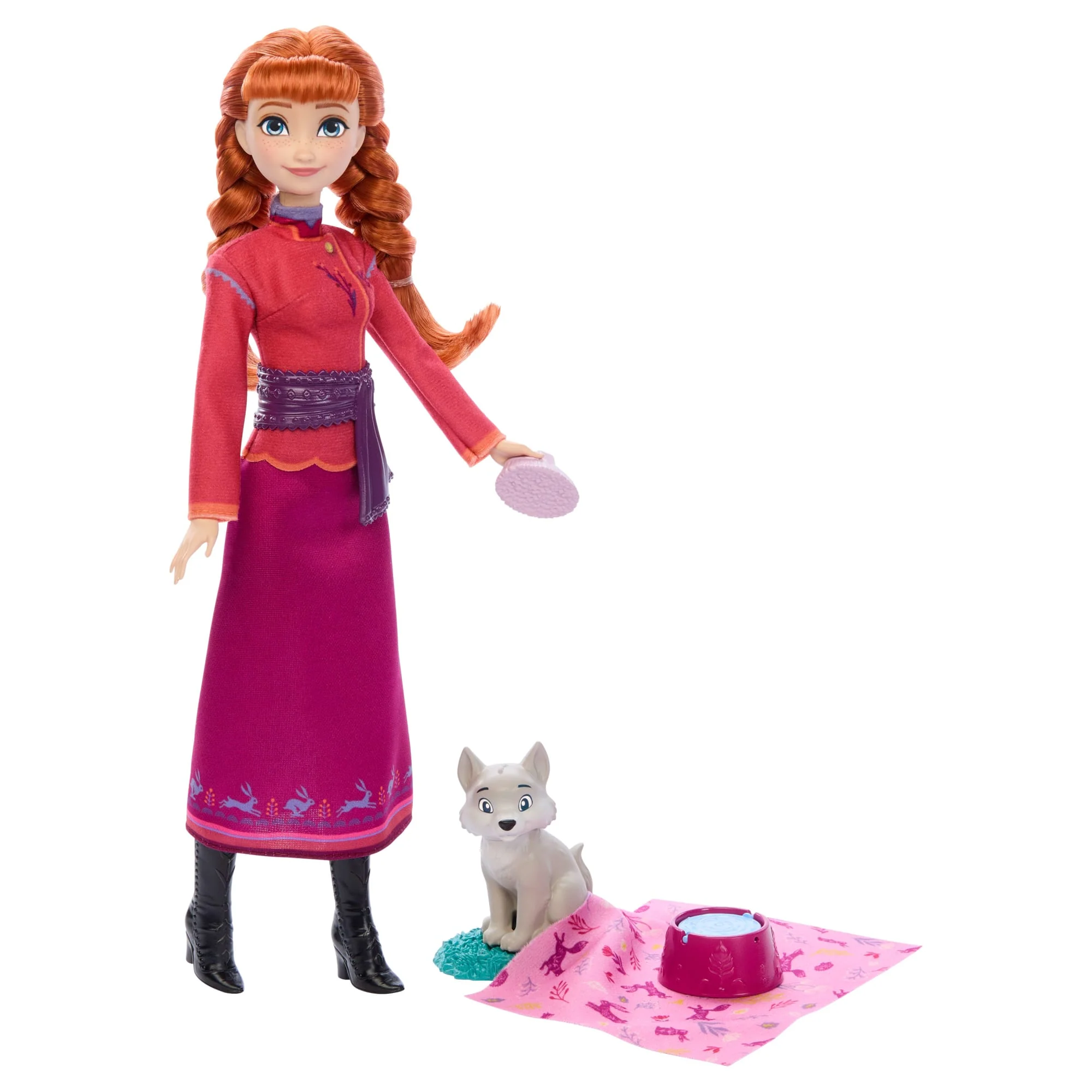Disney Frozen Anna Fashion Doll & Wolf Cub Figure With 4 Nurturing Accessories Inspired By Movie