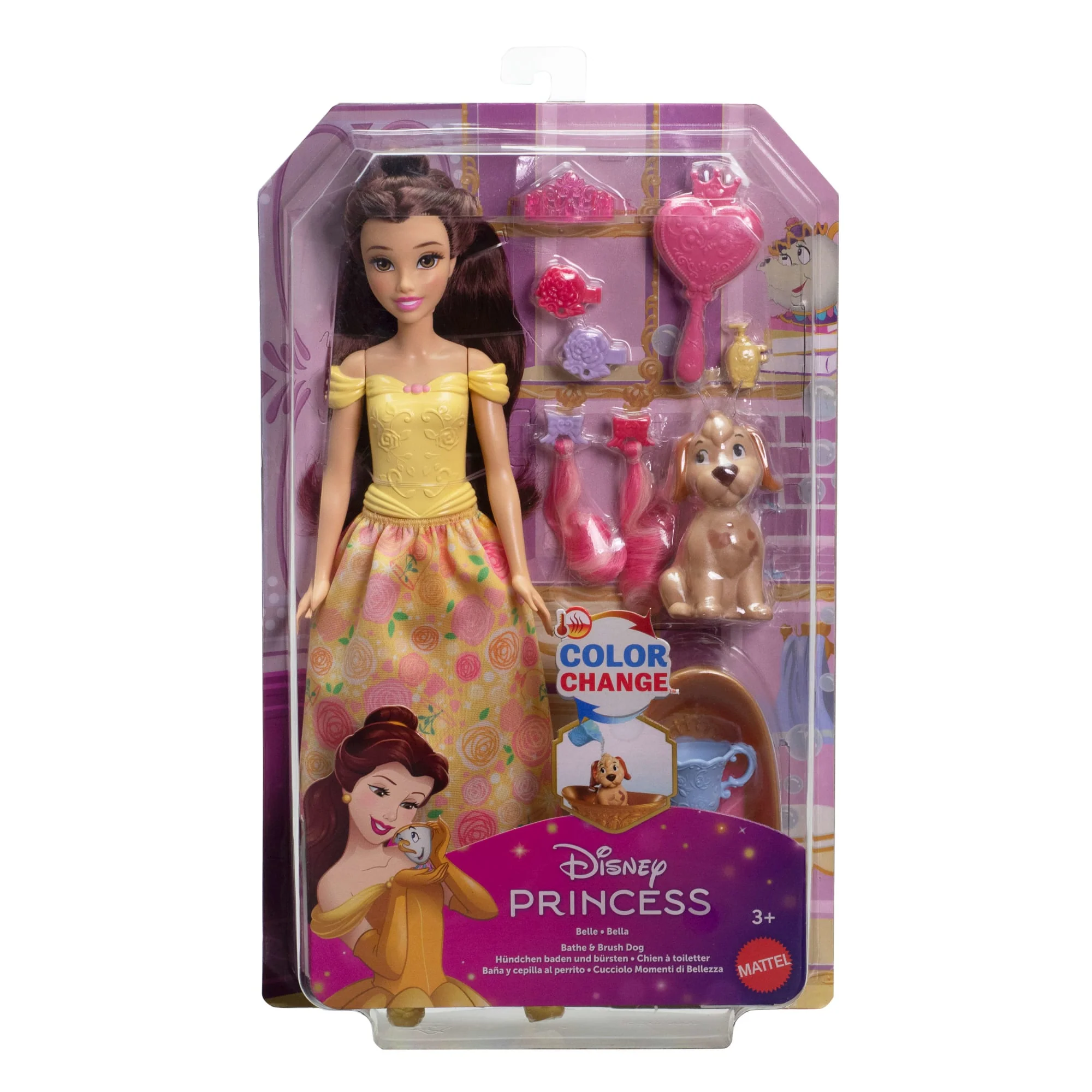 Disney Princess Baden Und Bürsten Belle-Modepuppe Mit Hündchen, Farbwechseleffekt Und Zubehör - Image 6
