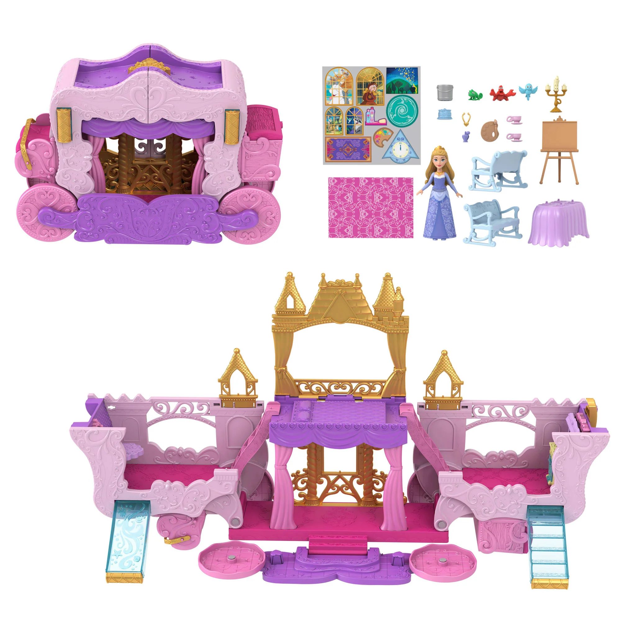 Disney Princess Carriage To Castle Transforming Playset With Aurora Small Doll, 4 Figures & 3 Levels