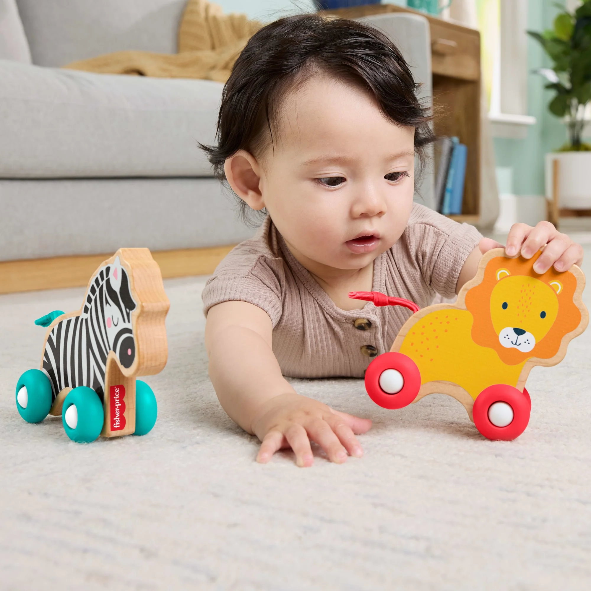 Fisher-Price-Animaux À Pousser En Bois-Véhicules Lion Et Zèbre - Image 2