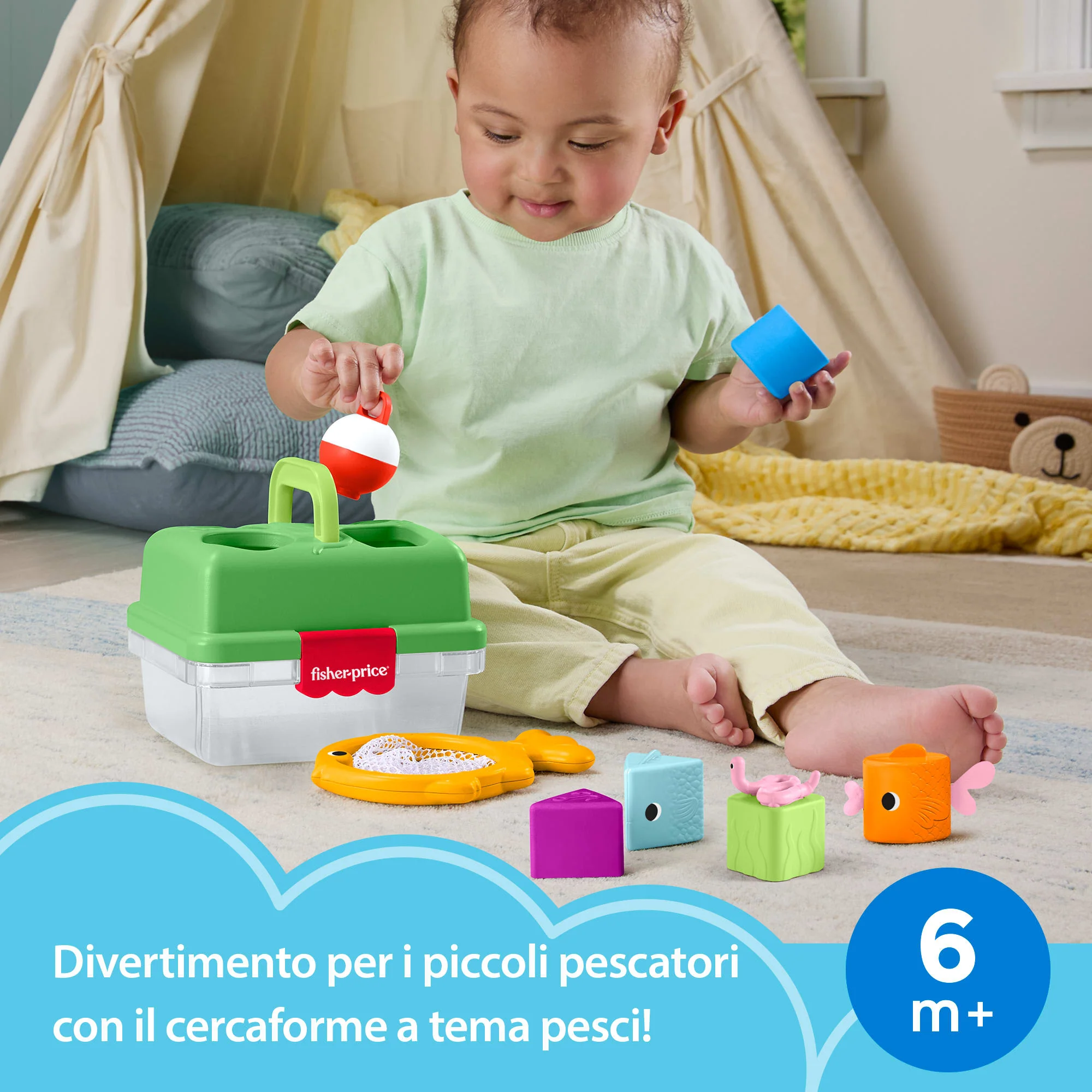 Fisher-Price Cassetta Scegli La Forma Amici Della Foresta, Giocattolo Per Bambini Con 6 Blocchi E Retino Da Pesca - Image 2