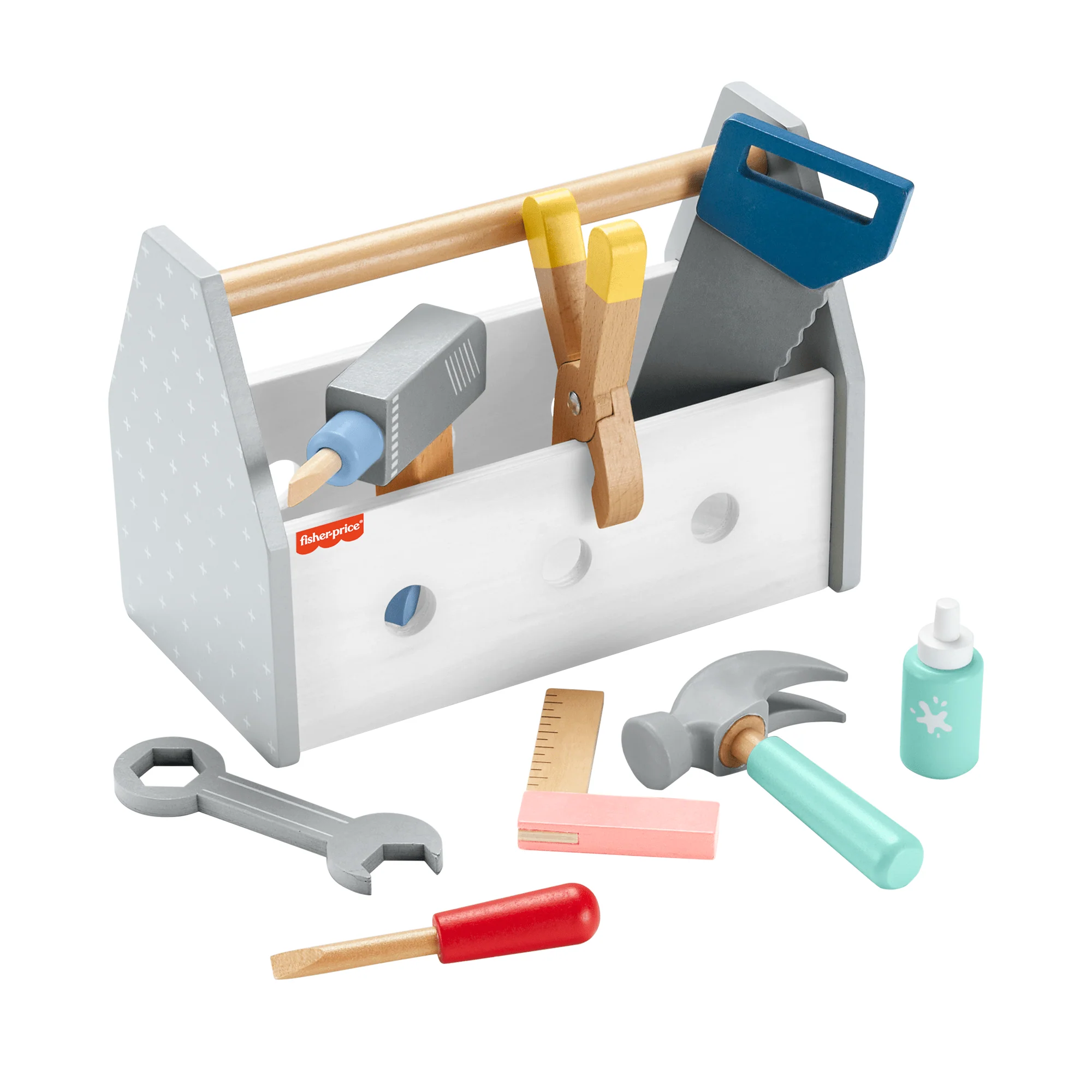 Fisher-Price Ξύλινη Θήκη Με Εργαλεία Παιχνίδι Μίμησης Για Παιδιά Προσχολικής Ηλικίας, 9 Ξύλινα Κομμάτια