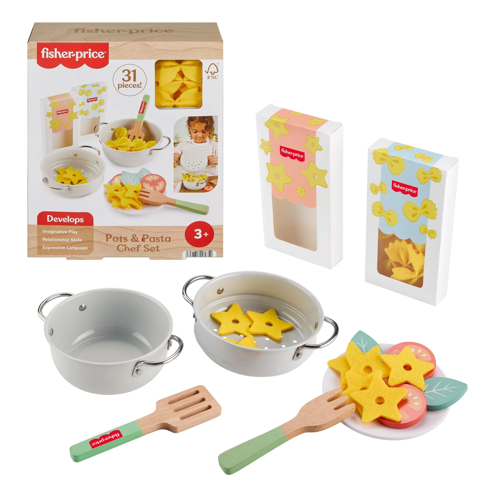 Σετ Ζυμαρικών Fisher-Price Με Κατσαρολάκια Και Ξύλινα Ζυμαρικά Για Παιχνίδι Μίμησης, 31 Κομμάτια