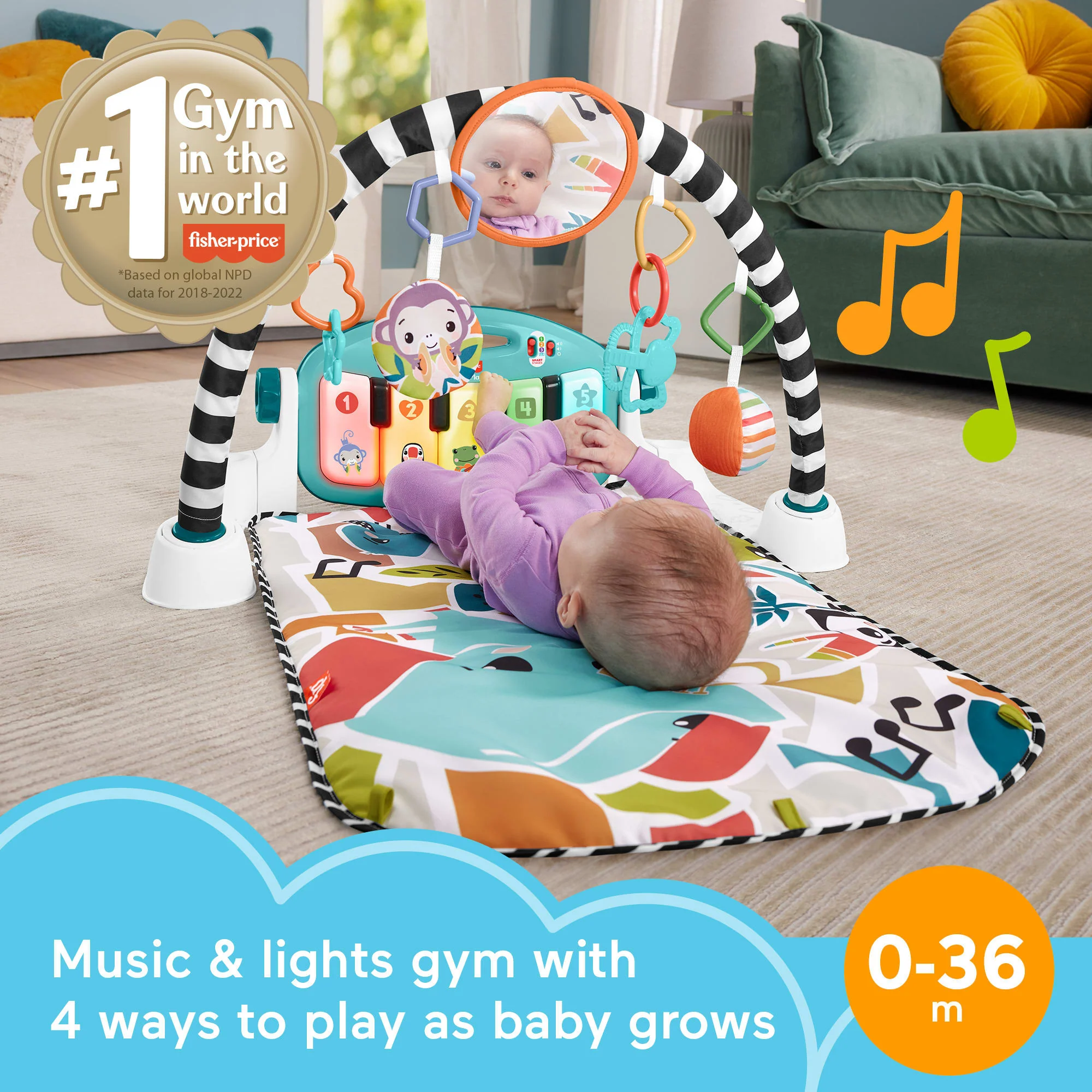 Fisher-Price Glow And Grow Kick & Play Piano Gym Baby Playmat With Musical Learning Toy, Blue, Queens English Version - Image 2