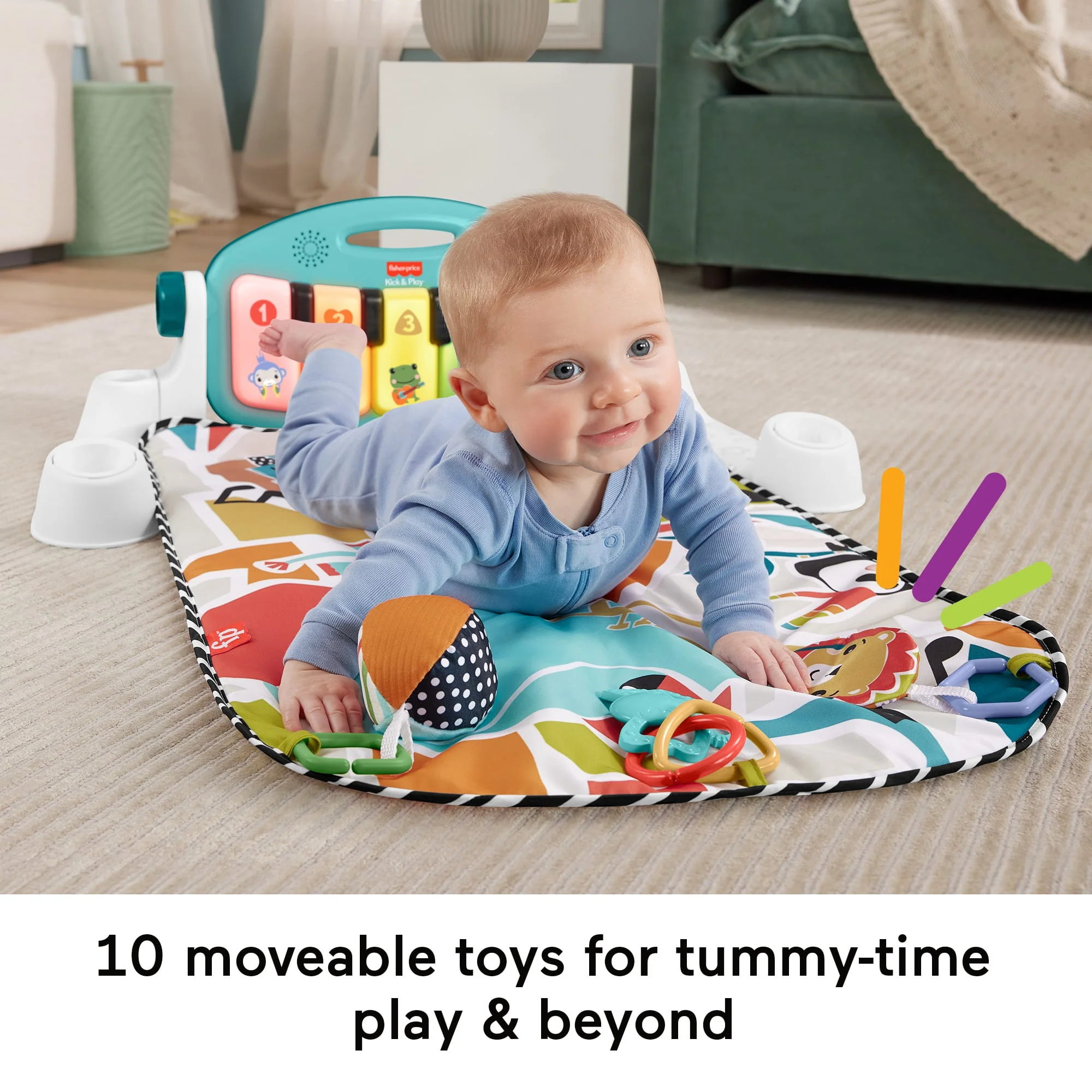 Fisher-Price Glow And Grow Kick & Play Piano Gym Baby Playmat With Musical Learning Toy, Blue, Queens English Version - Image 3