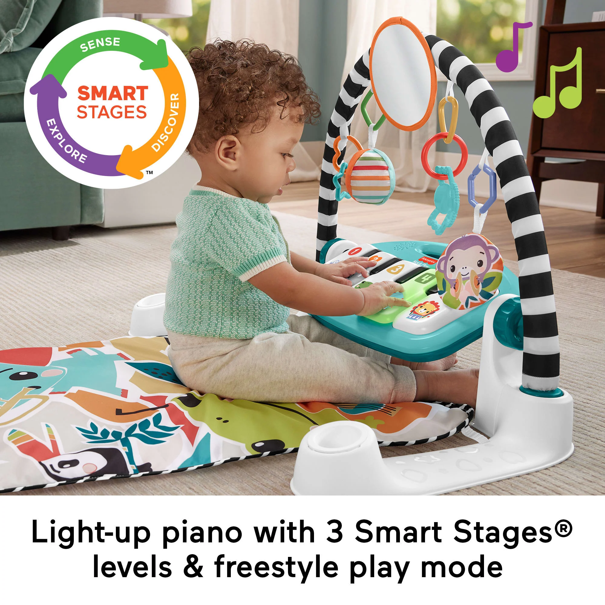 Fisher-Price Glow And Grow Kick & Play Piano Gym Baby Playmat With Musical Learning Toy, Blue, Queens English Version - Image 4