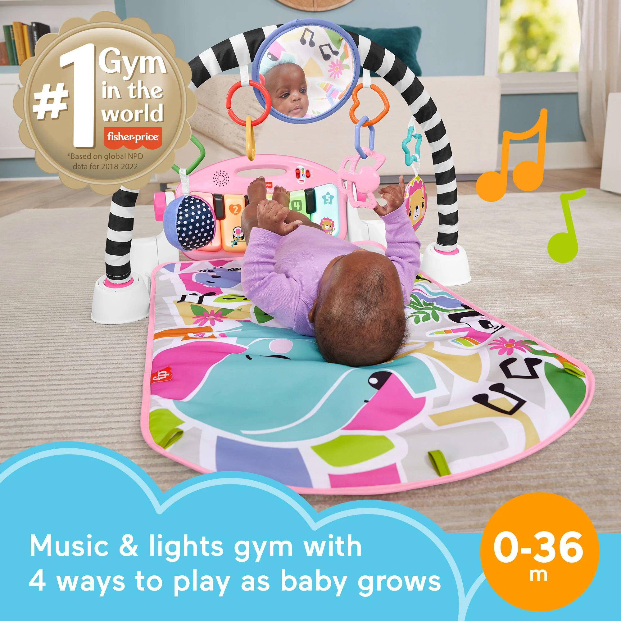 Fisher-Price Glow And Grow Kick & Play Piano Gym Baby Playmat With Musical Learning Toy, Pink, Queens English Version - Image 2