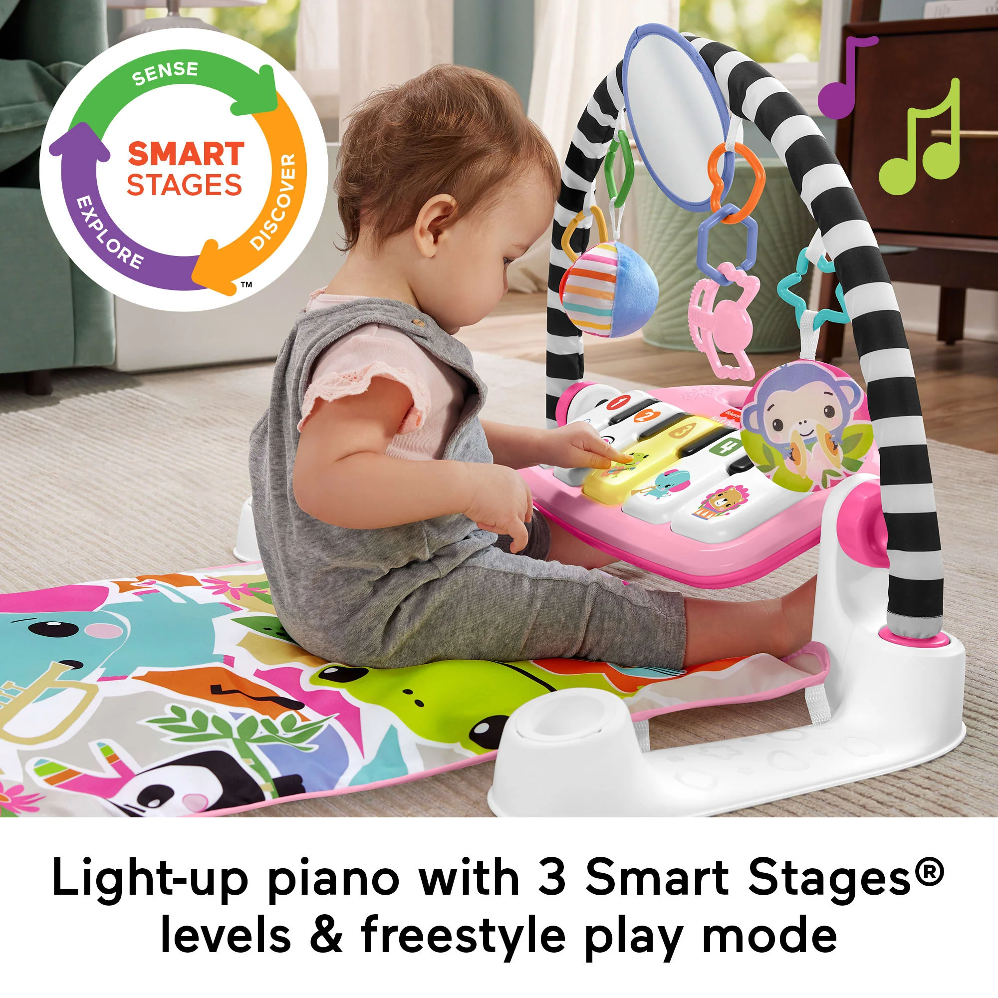 Fisher-Price Glow And Grow Kick & Play Piano Gym Baby Playmat With Musical Learning Toy, Pink, Queens English Version - Image 4
