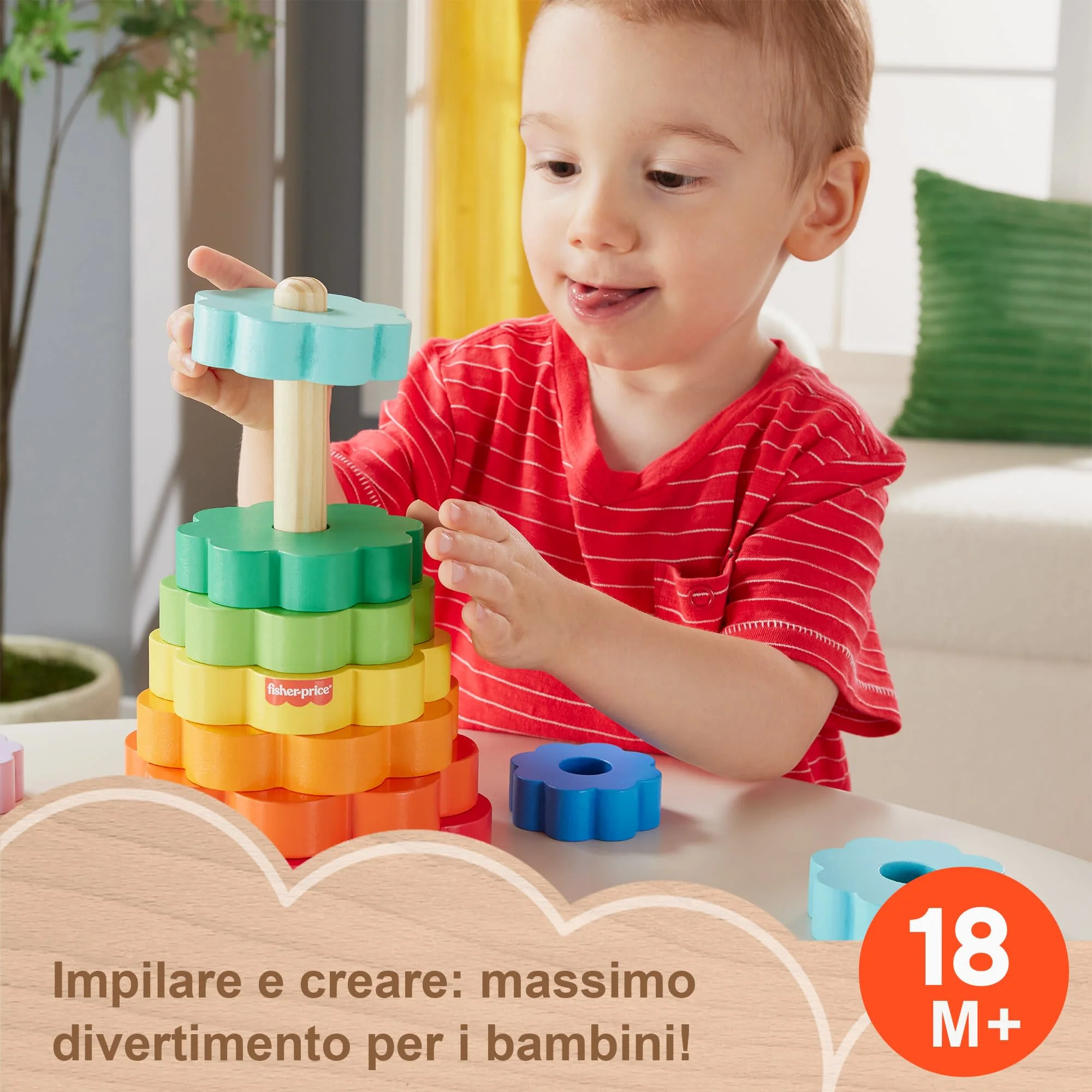 Fisher-Price Impilatore Anelli In Legno, Giocattolo Per La Abilità Motorie Complesse Per Bimbi Piccoli, 10 Pezzi In Legno - Image 2