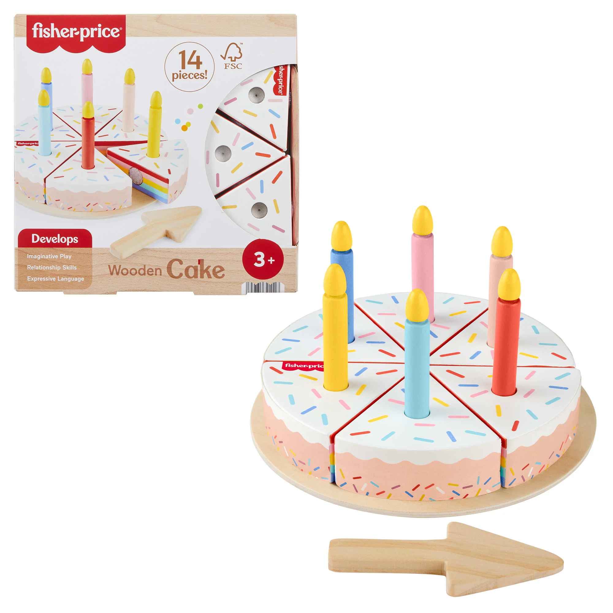 Fisher-Price Kuchen Aus Holz Kindergartenspielzeug, Set Mit Spielzeug-Lebensmitteln Zum Dekorieren Für Kindergartenkinder Ab 3 Jahren, 14 Holzteile
