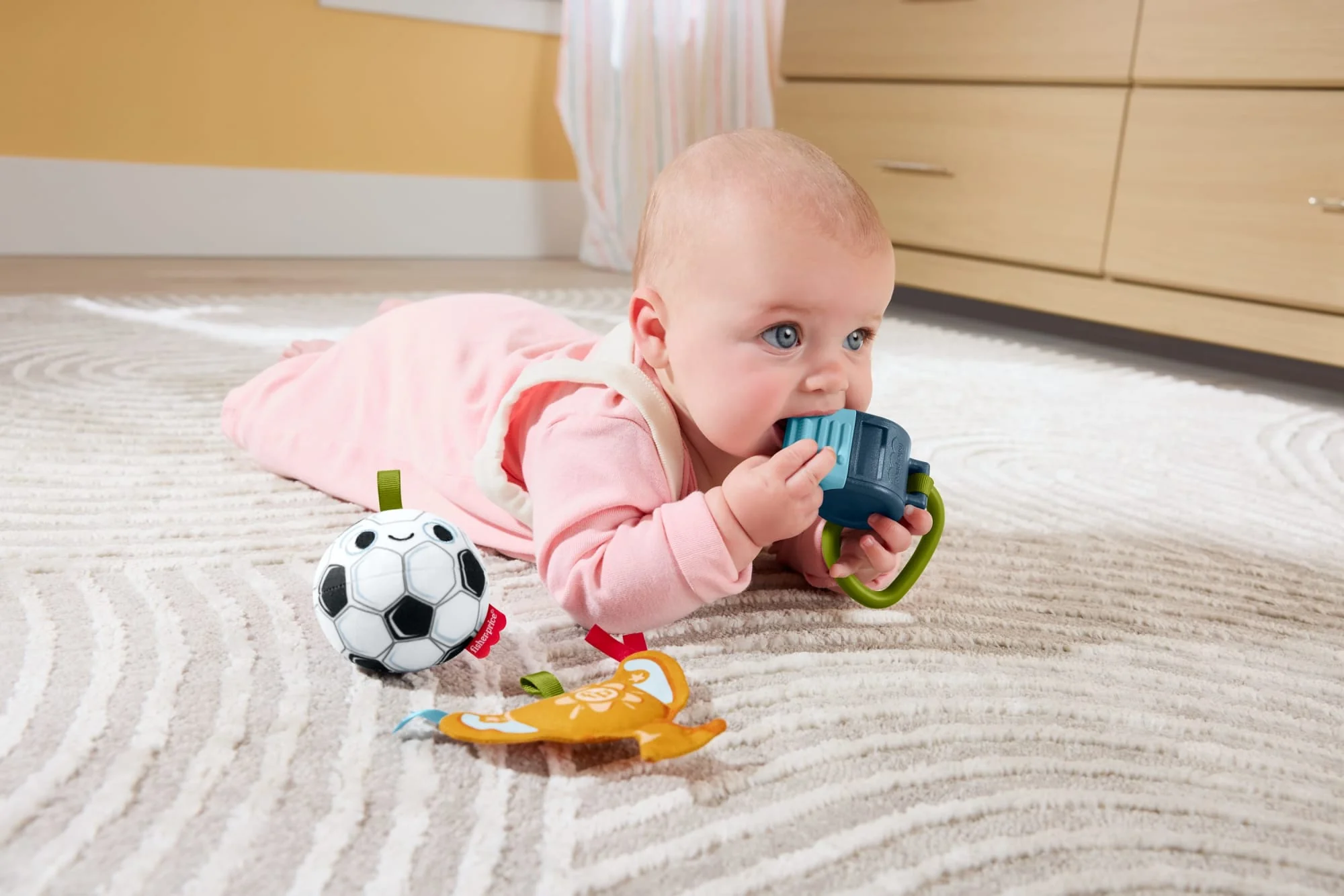Fisher-Price Mini Me Moments Let's Goal Gift Set, 3-Piece Soccer Themed Baby Rattle & Teether Toys - Image 2