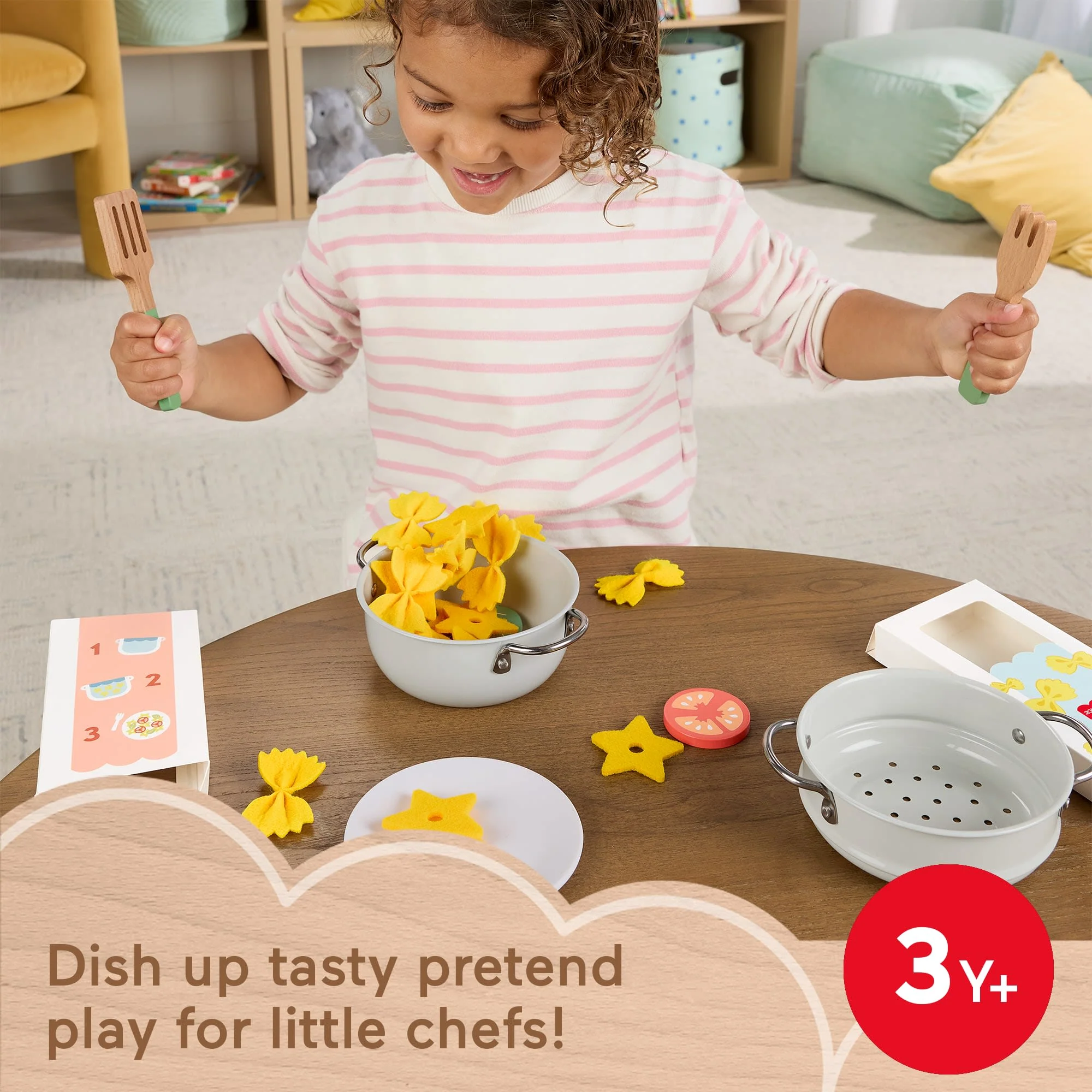 Fisher-Price Pots & Pasta Chef Set, Cooking Toy With Wooden Food For Pretend Play, 31 Pieces - Image 2