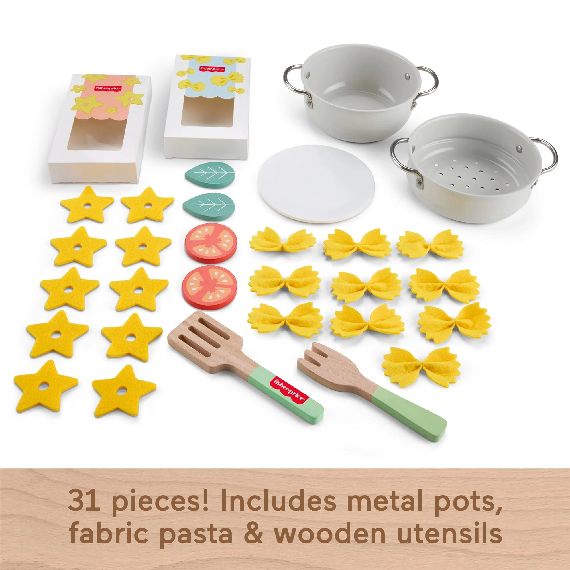Fisher-Price Pots & Pasta Chef Set, Cooking Toy With Wooden Food For Pretend Play, 31 Pieces - Image 4