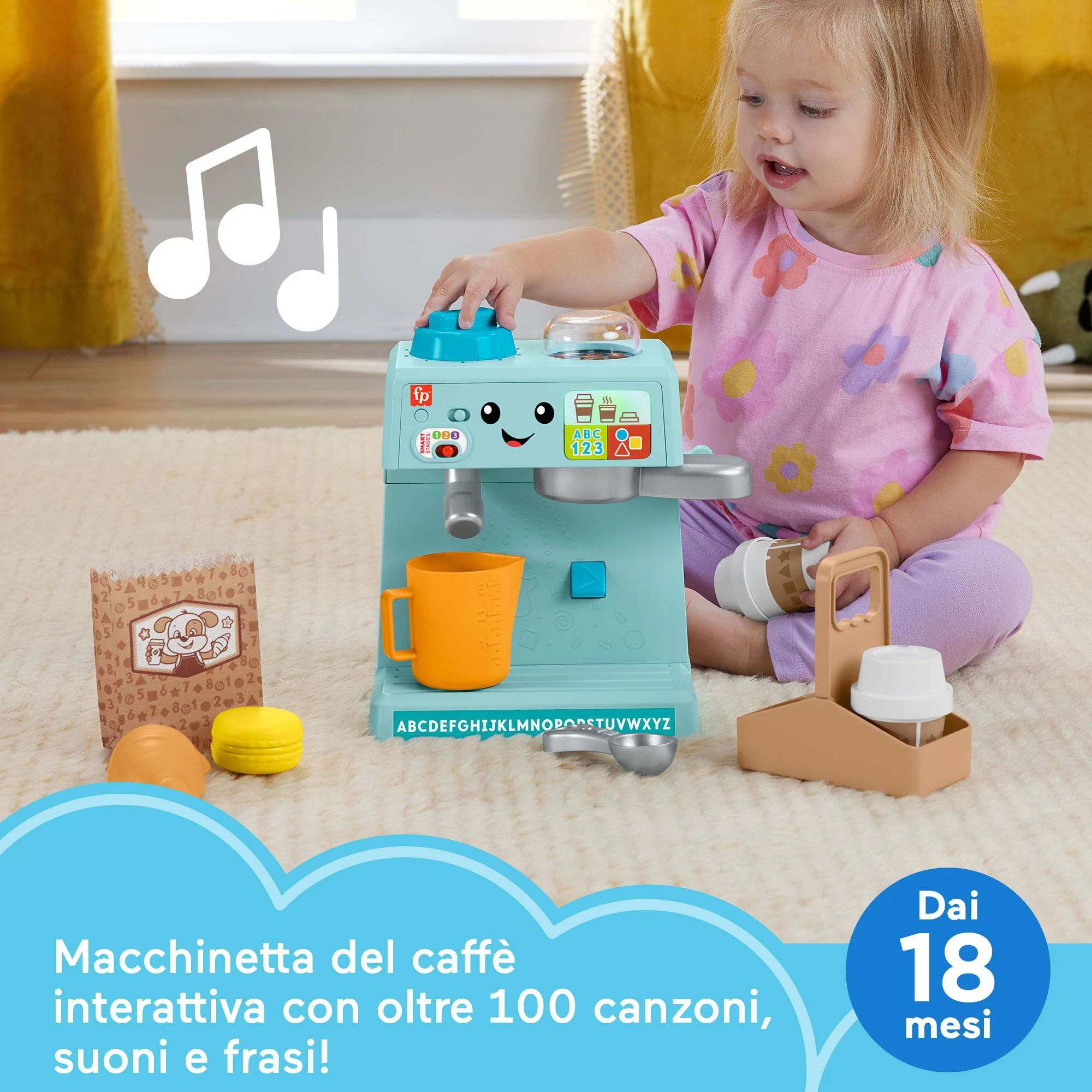 Fisher-Price Ridi E Impara La Mia Prima Macchinetta Del Caffè Giocattolo Elettronico Per Bambini, 10 Pezzi Da Gioco, Versione Multilingue - Image 2