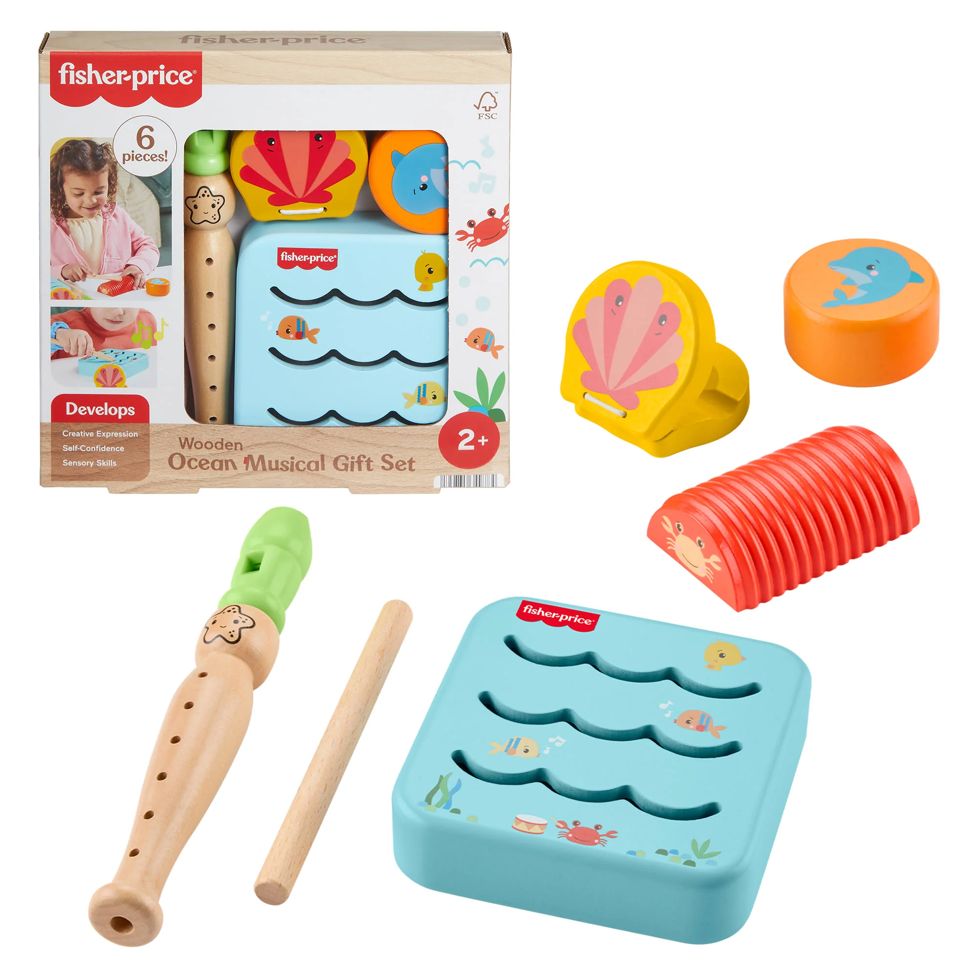 Fisher-Price Set Strumenti Musicali Dell'Oceano in Legno, Set Per Bimbi Piccoli E Bambini, 6 Pezzi in Legno