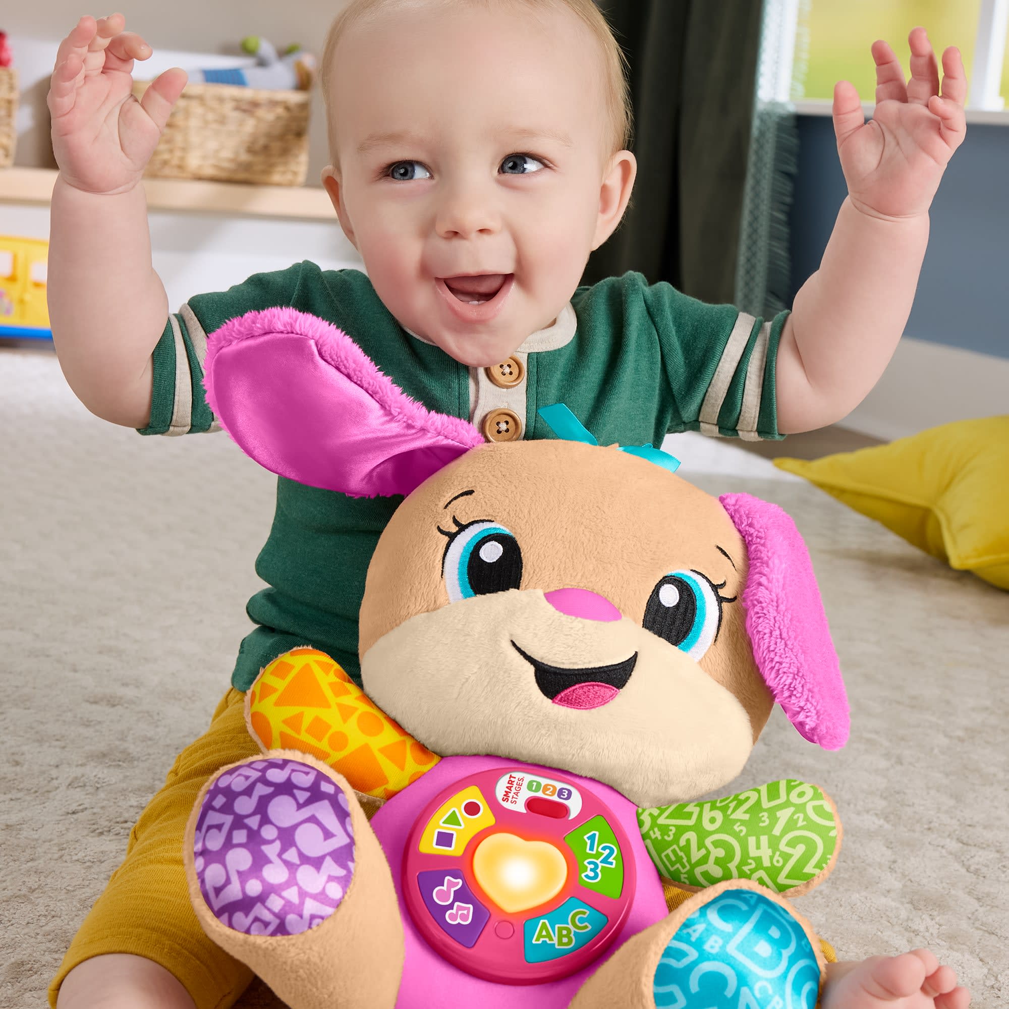 Fisher-Price „Ucz się i śmiej!” Siostrzyczka Szczeniaczka Uczniaczka Edukacyjna interaktywna zabawka Wersja wielojęzykowa Przytulanka piesek 6m+ - Image 3