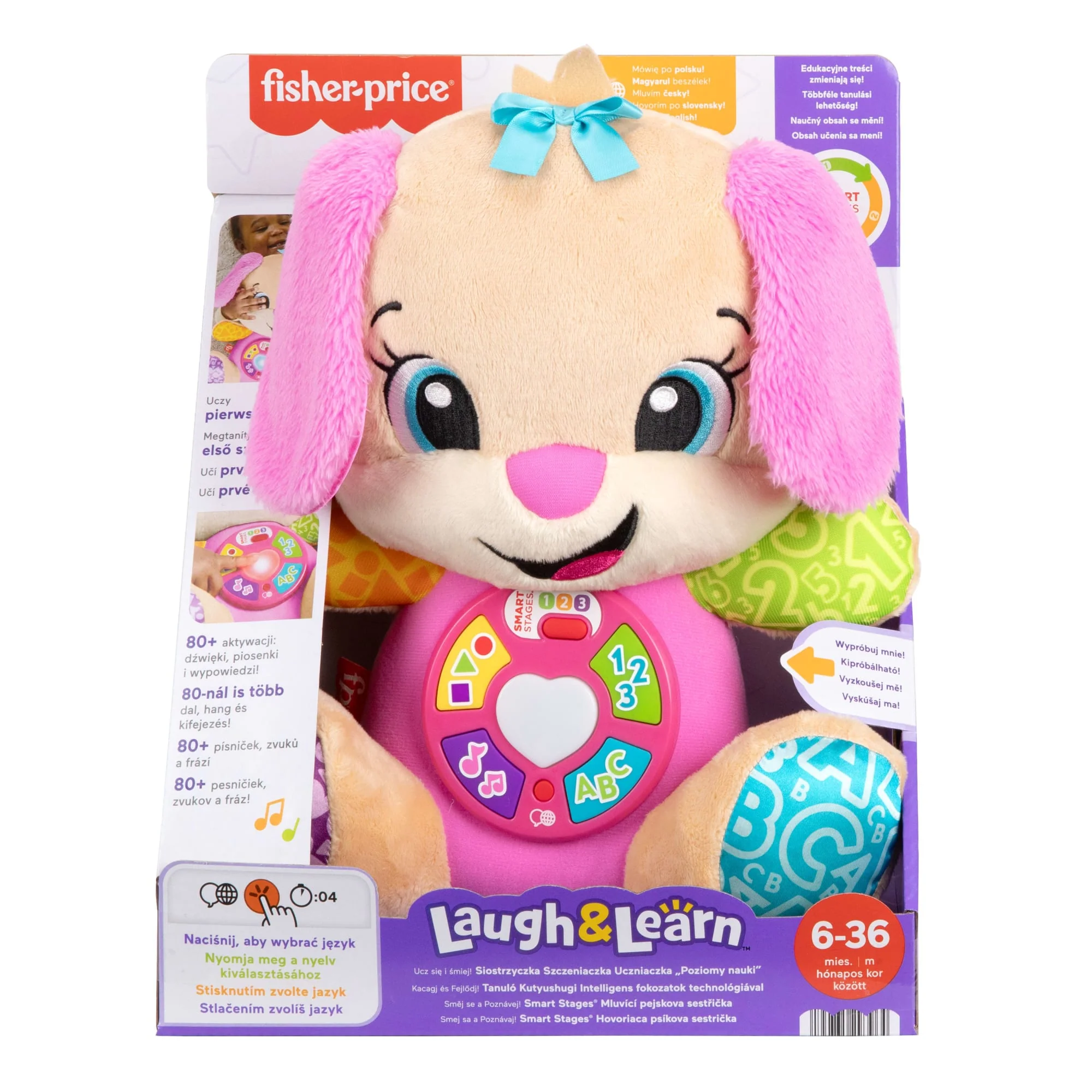 Fisher-Price „Ucz się i śmiej!” Siostrzyczka Szczeniaczka Uczniaczka Edukacyjna interaktywna zabawka Wersja wielojęzykowa Przytulanka piesek 6m+ - Image 6