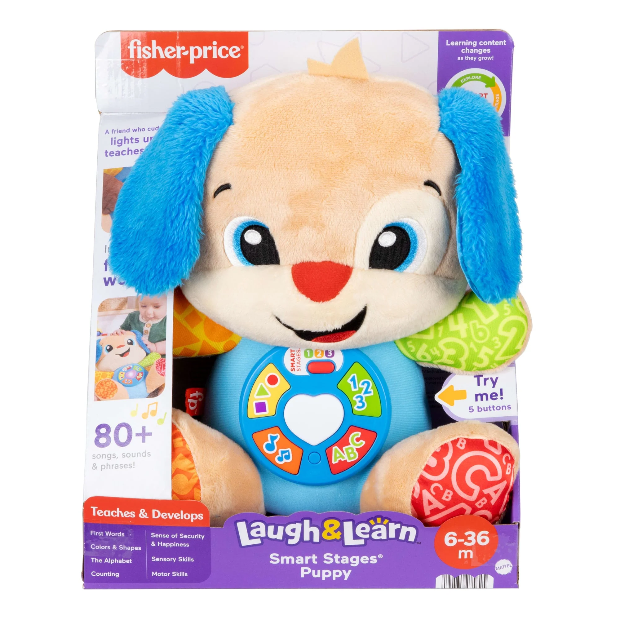 Fisher-Price „Ucz się i śmiej!” Szczeniaczek Uczniaczek Edukacyjna interaktywna zabawka Wersja wielojęzykowa Przytulanka piesek 6m+ - Image 6