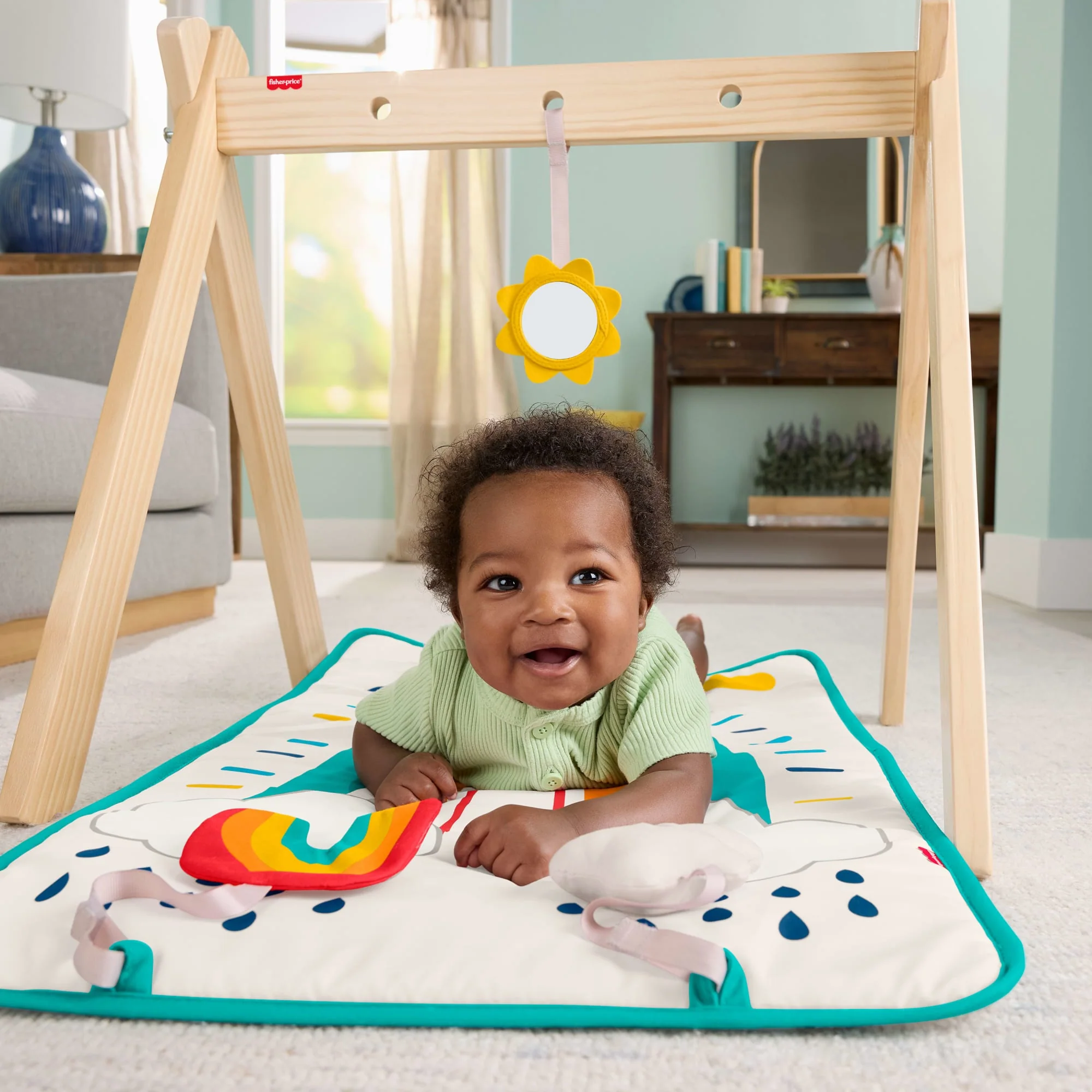 Fisher-Price Wooden Activity Gym, Wood Frame With 3 Sensory Toys & Mat For Newborn Babies - Image 2