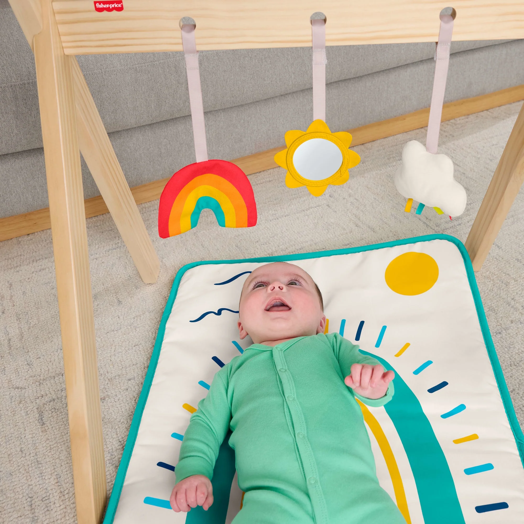 Fisher-Price Wooden Activity Gym, Wood Frame With 3 Sensory Toys & Mat For Newborn Babies - Image 3