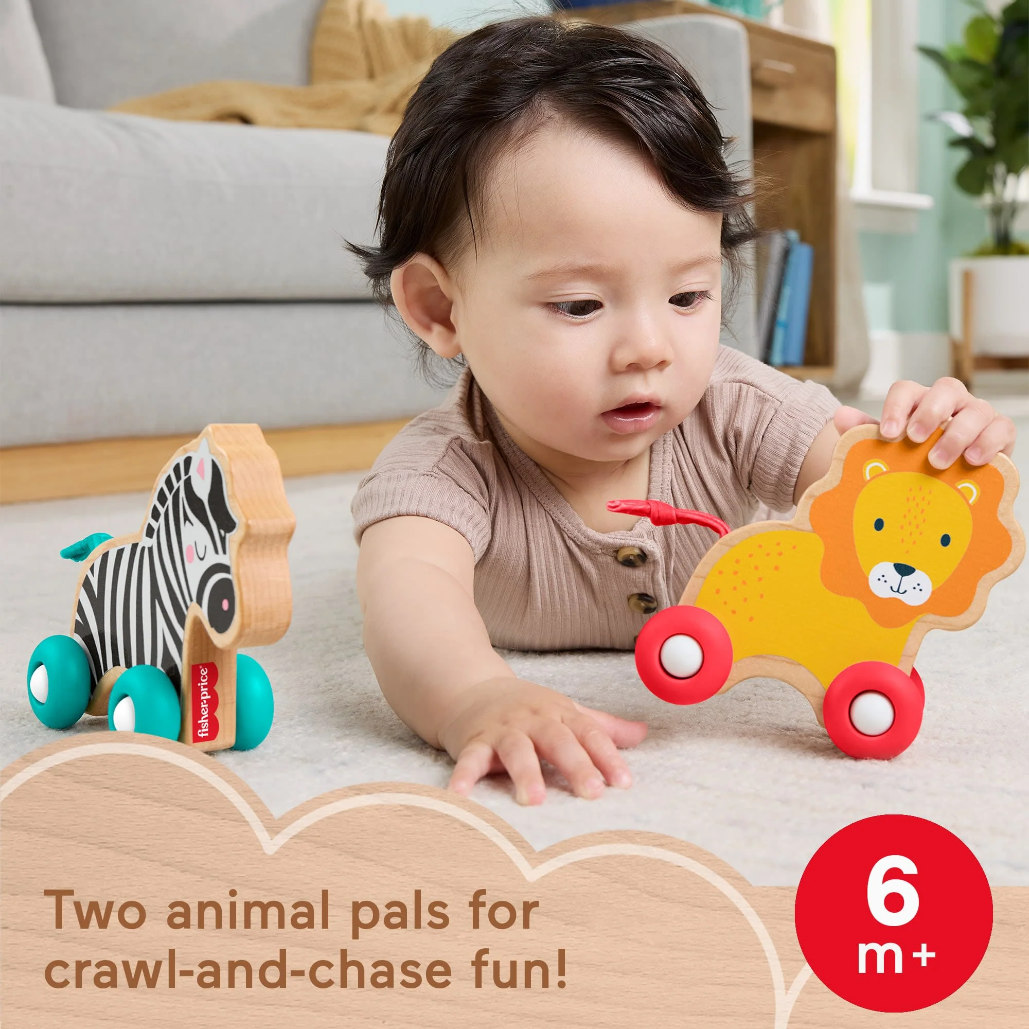 Fisher-Price Wooden Push Along Animals, Lion & Zebra Toy Vehicles For Baby Crawling Play - Image 2