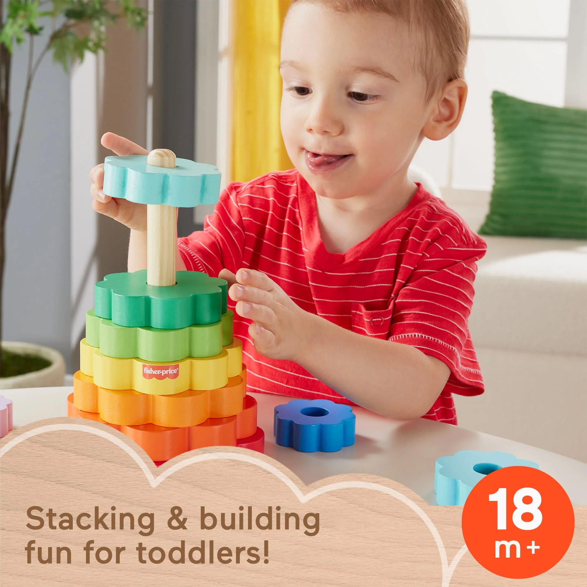 Fisher-Price Wooden Ring Stacker Toddler Fine Motor Toy, 10 Wood Pieces - Image 2