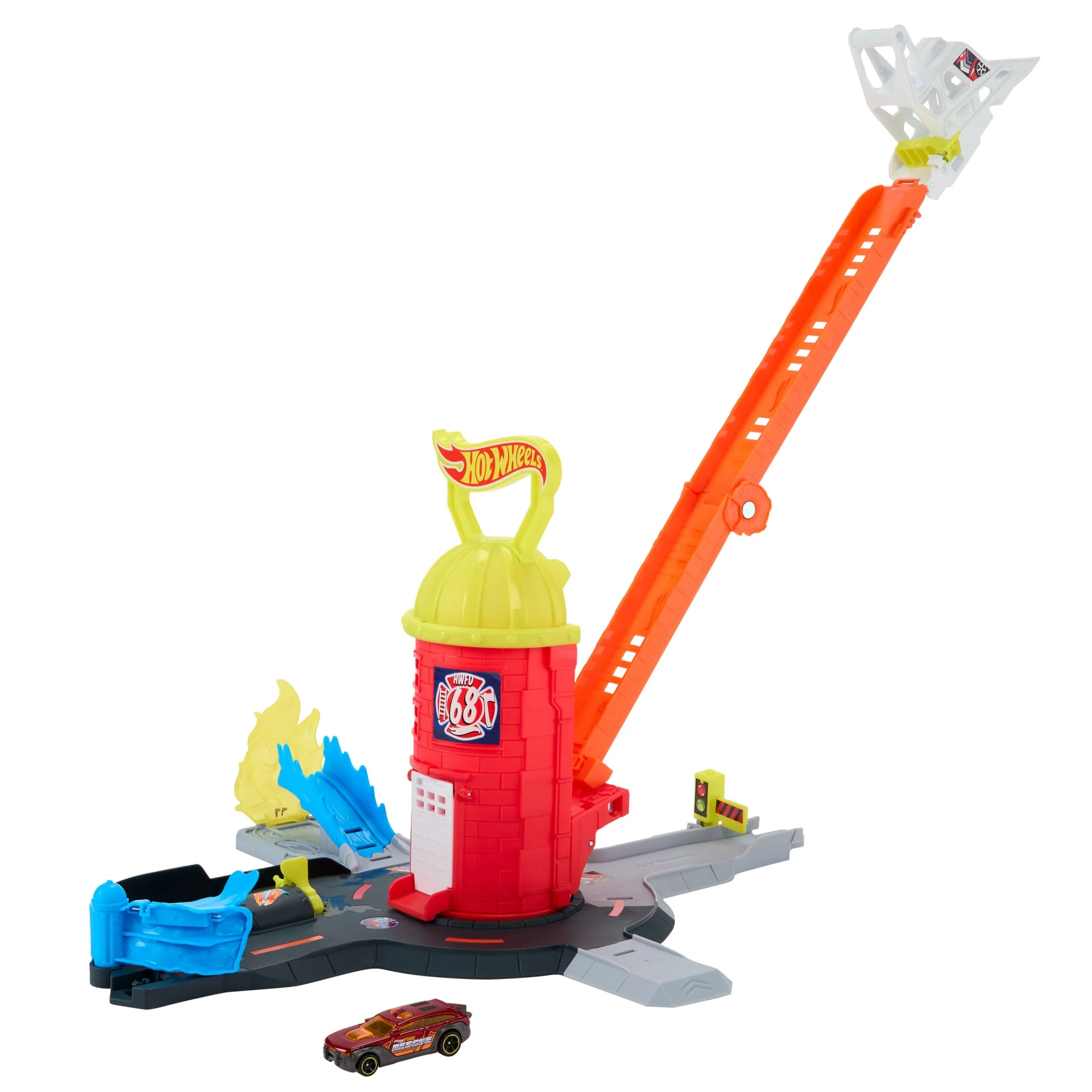 Hot Wheels City Super Fire Station Rescue Playset & 1:64 Scale Toy Car, Track Extends 16” - Image 4