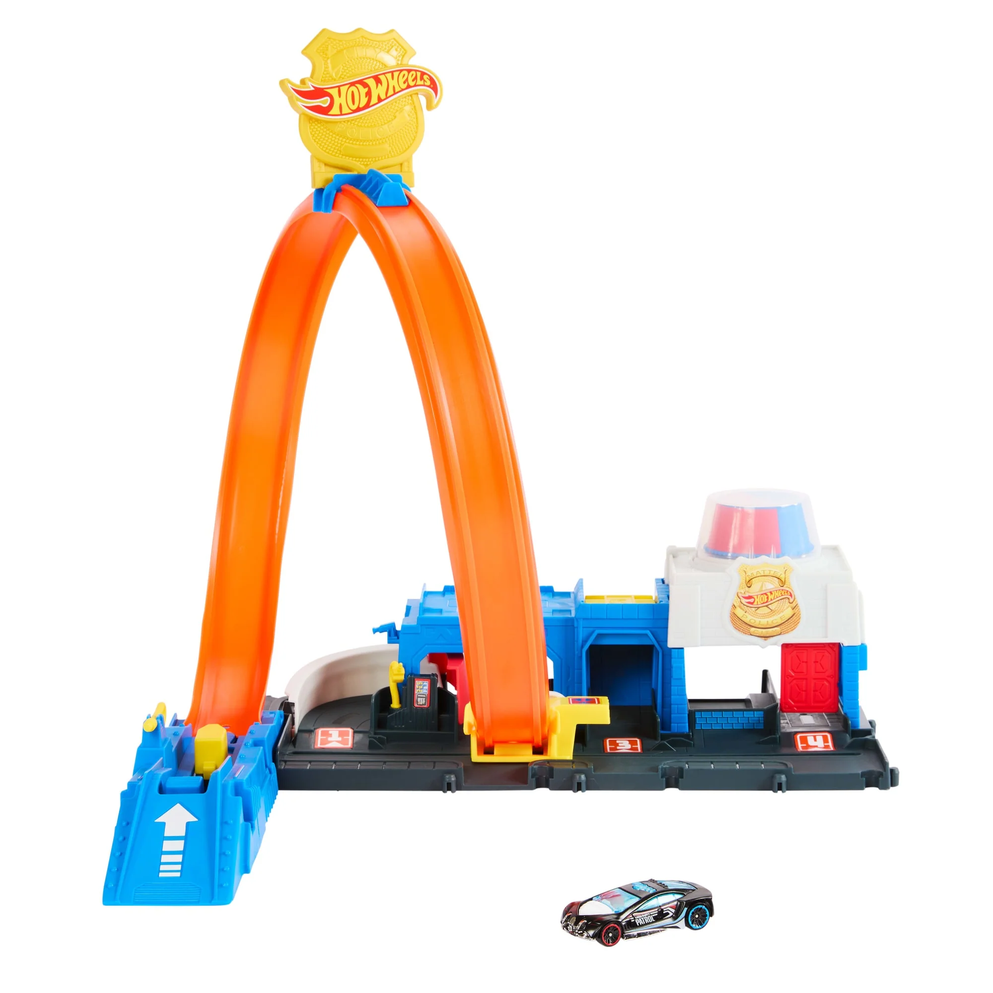 Hot Wheels City Super Polizeiwache-Spielset Mit Spielzeug-Polizeiwagen Im Maßstab 1:64 Und Anpassbarer Rennbahn Mit Looping.