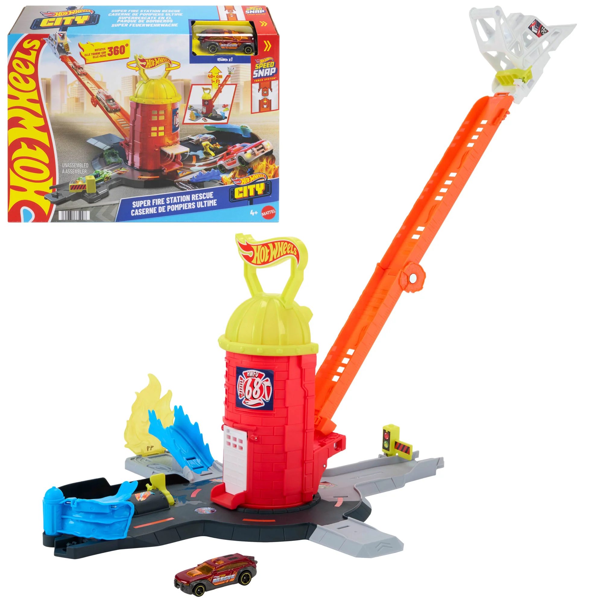Hot Wheels City Superredding Brandweerkazerne Speelset En Speelgoedauto Op Een Schaal Van 1:64, Baan Verlengt 40 Cm