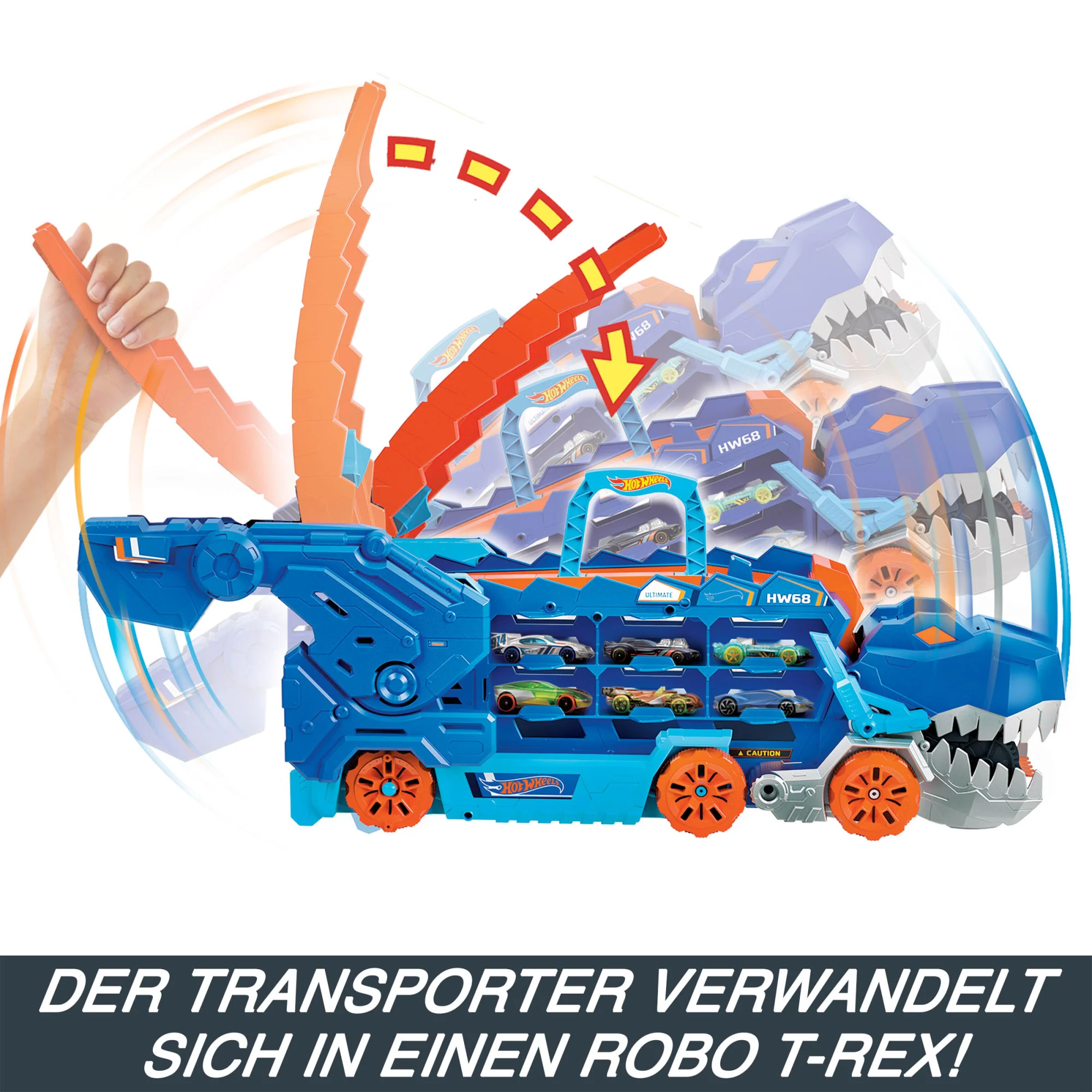 Der Hot Wheels City Ultimative Transporter Verwandelt Sich in Einen T-Rex Mit Rennstrecke, Aufbewahrung Von Mehr Als 20 Autos - Image 4