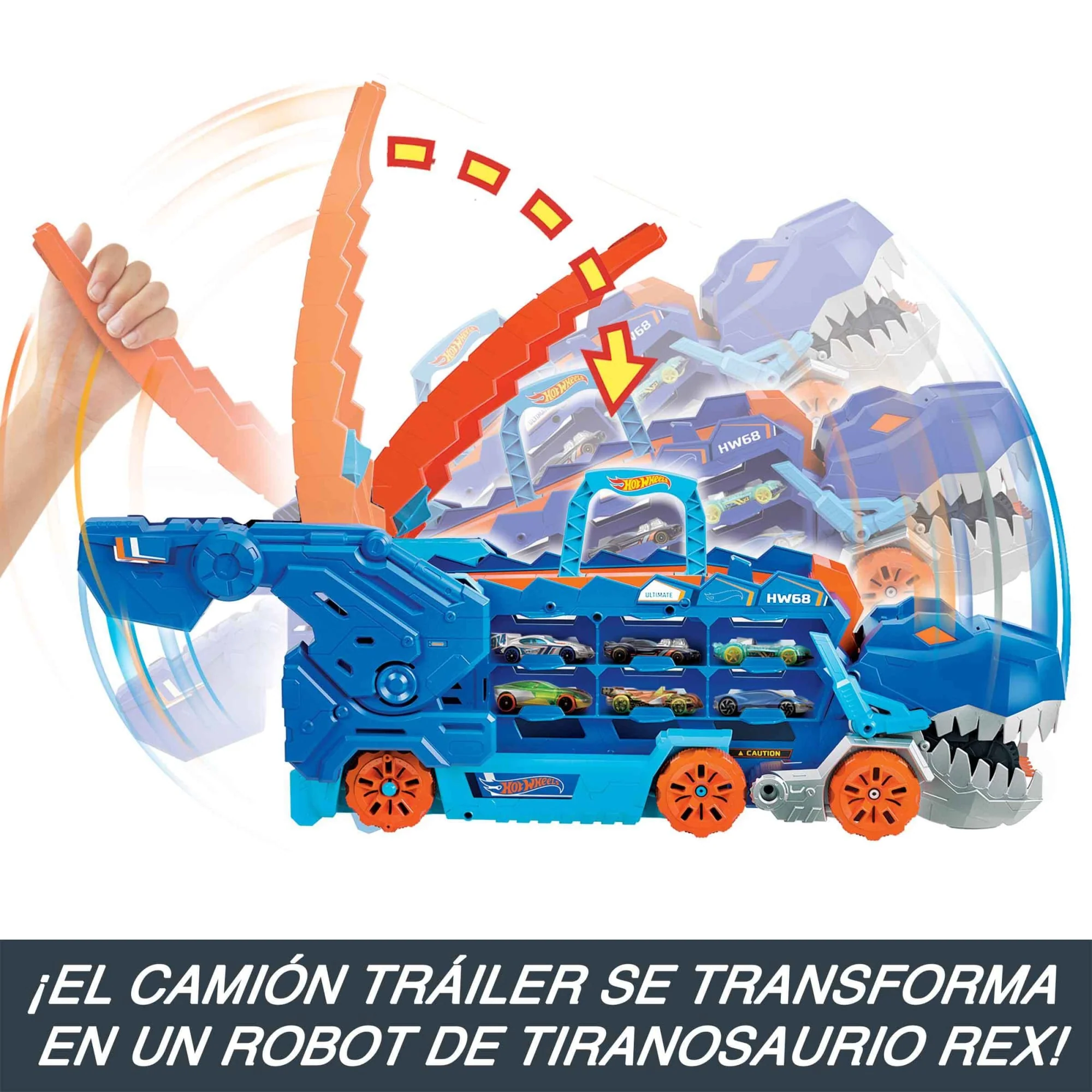 Camión Tráiler De Hot Wheels City Que Se Transforma En Un Tiranosaurio Rex Con Pista De Carreras Y Capacidad Para Almacenar Más De 20 Coches - Image 4