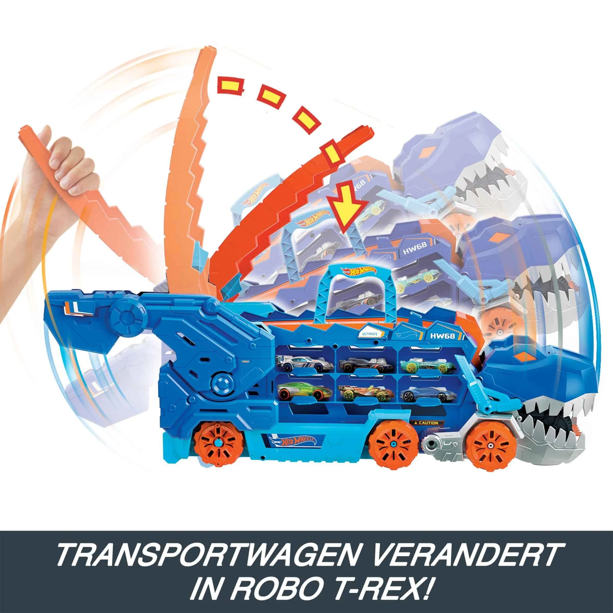 Hot Wheels City Ultieme Vrachtwagen, Transformeert in Een T-Rex Met Racebaan, Opbergplek Voor Meer Dan 20 Auto's - Image 4