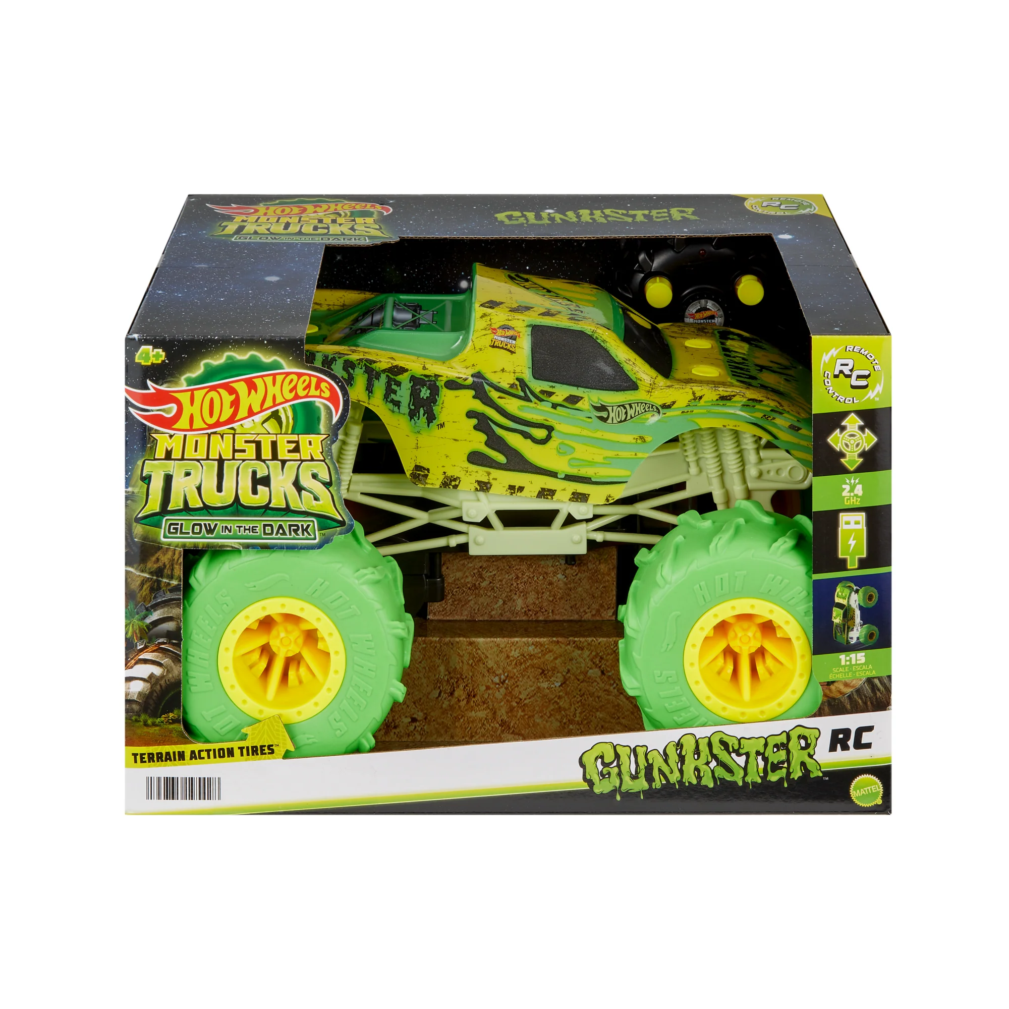 Hot Wheels Monster Trucks 1:15 Scale Gunkster Battery-Powered RC Truck, Glows in The Dark With All-Terrain Tires - Image 6