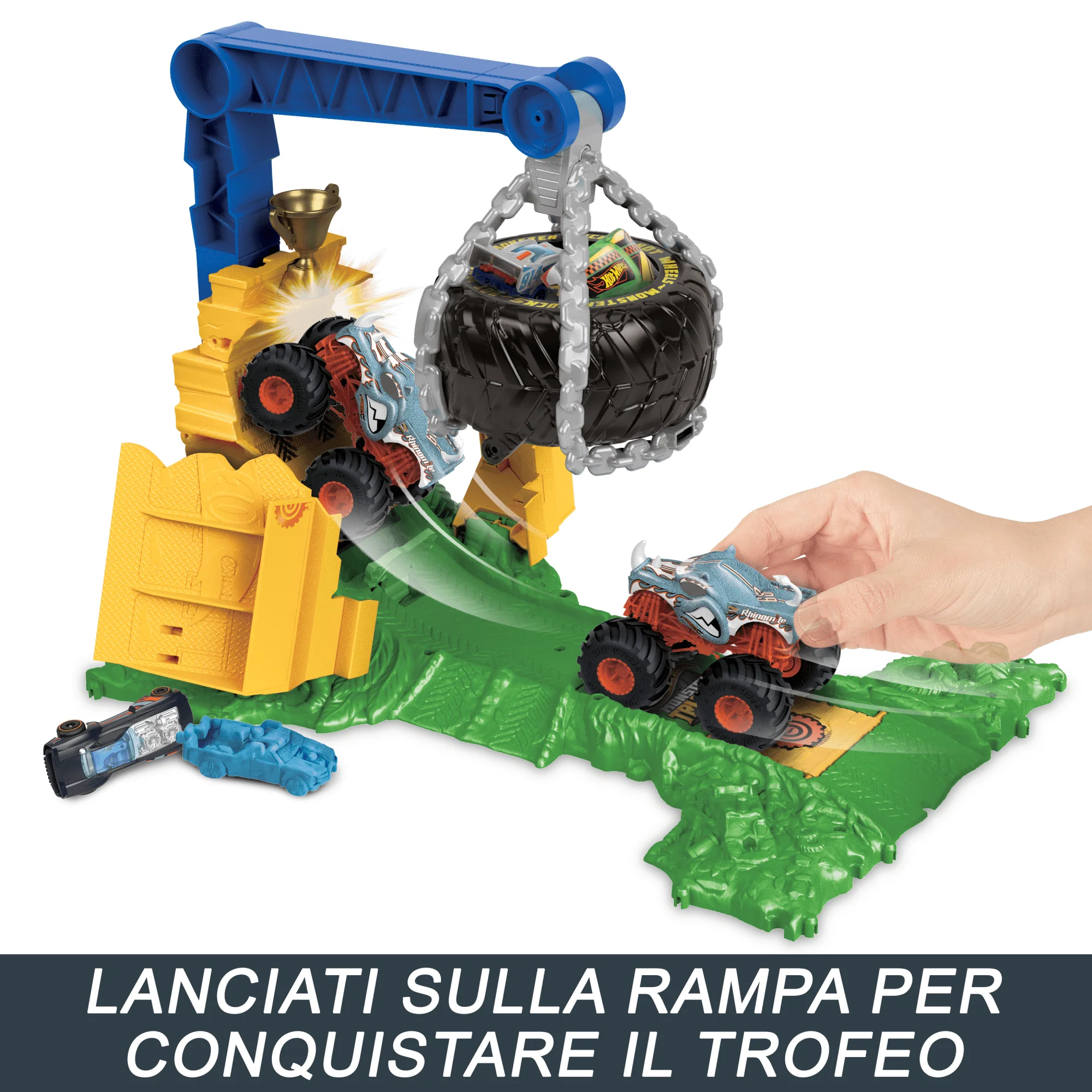 Hot Wheels Monster Trucks Sfida Demolizione Del Carico Rhinomite, Playset Con 1 Truck Giocattolo E 2 Macchinine Schiacciate - Image 3