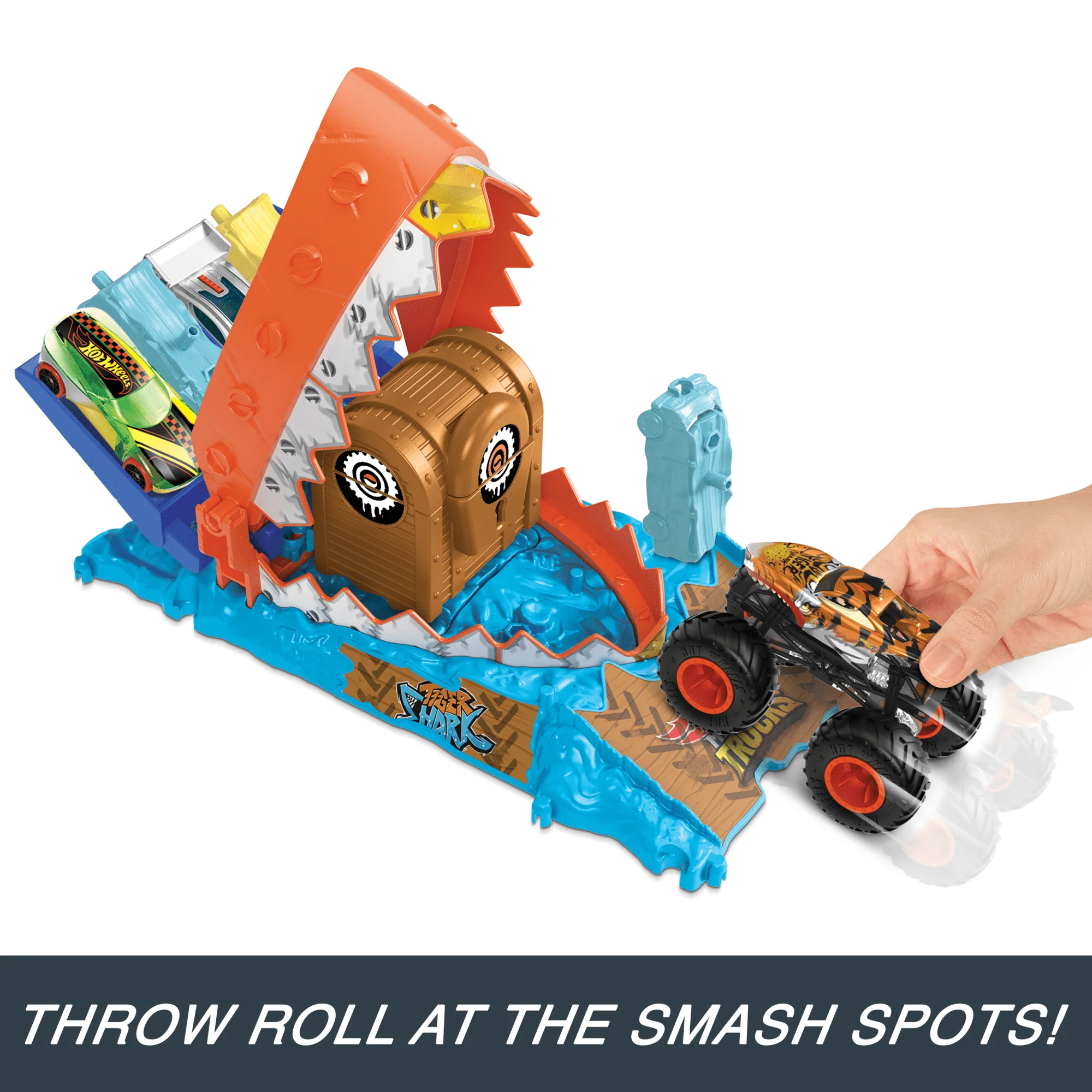 Hot Wheels Monster Trucks Arena Smashers Treasure Chomp Challenge Playset With 1:64 Scale Tiger Shark Toy Truck & Crushed Car - Image 2