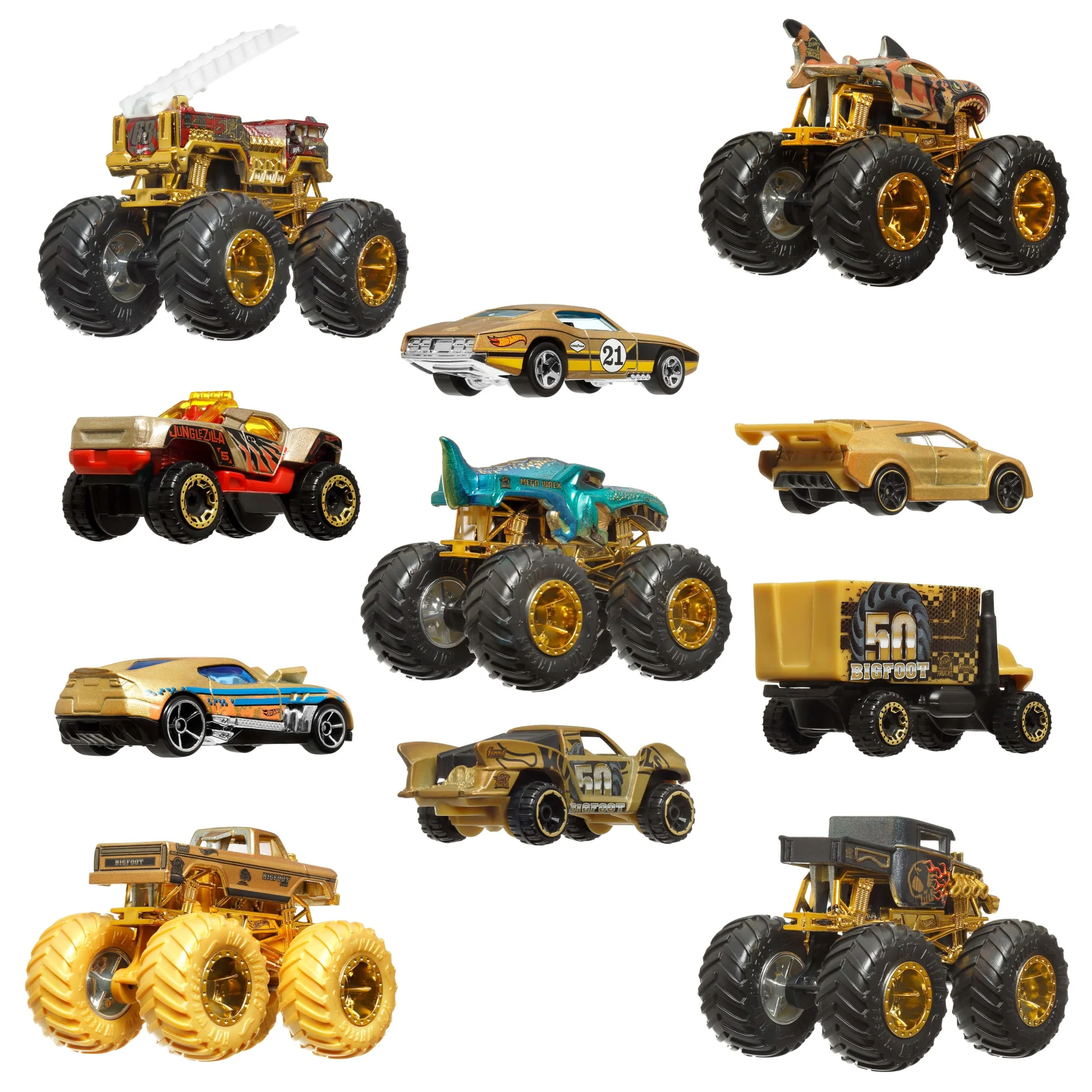 Hot Wheels Monster Trucks Bigfoot 50 rocznica Wielopak 5 Monster Trucków i 6 autek 1:64 Zestaw Zabawki 3+ - Image 3