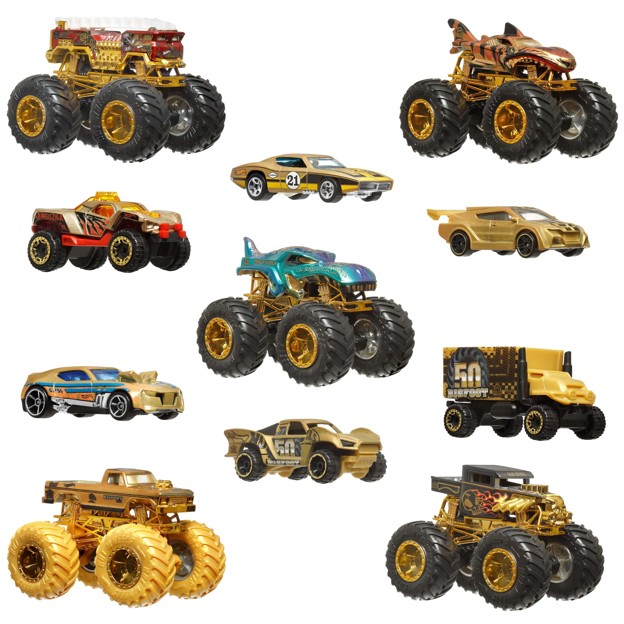 Hot Wheels Monster Trucks Bigfoot 50 rocznica Wielopak 5 Monster Trucków i 6 autek 1:64 Zestaw Zabawki 3+ - Image 4